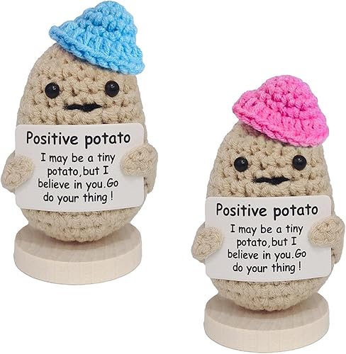Patata positiva de apoyo emocional hecha a mano, 2 unidades, lindas muñecas de patata positiva de ganchillo con tarjeta positiva y base de madera, disponible en Yaxa El Salvador