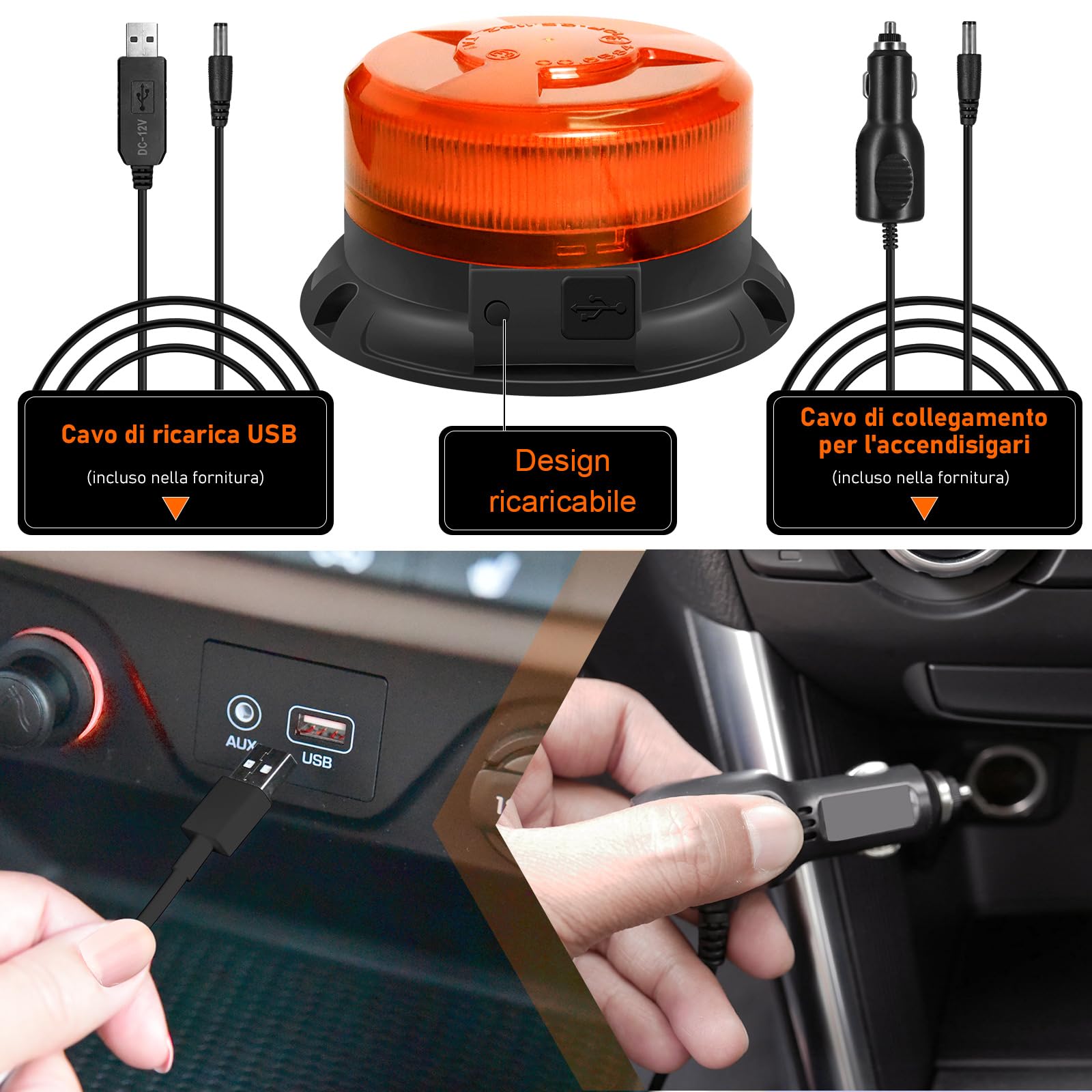 Dinfu Lampeggiante senza fili con telecomando 12V lampeggiante arancione luce di avvertimento 9 modalità cavo di ricarica auto e cavo USB per camion auto trattore SUV j-eep