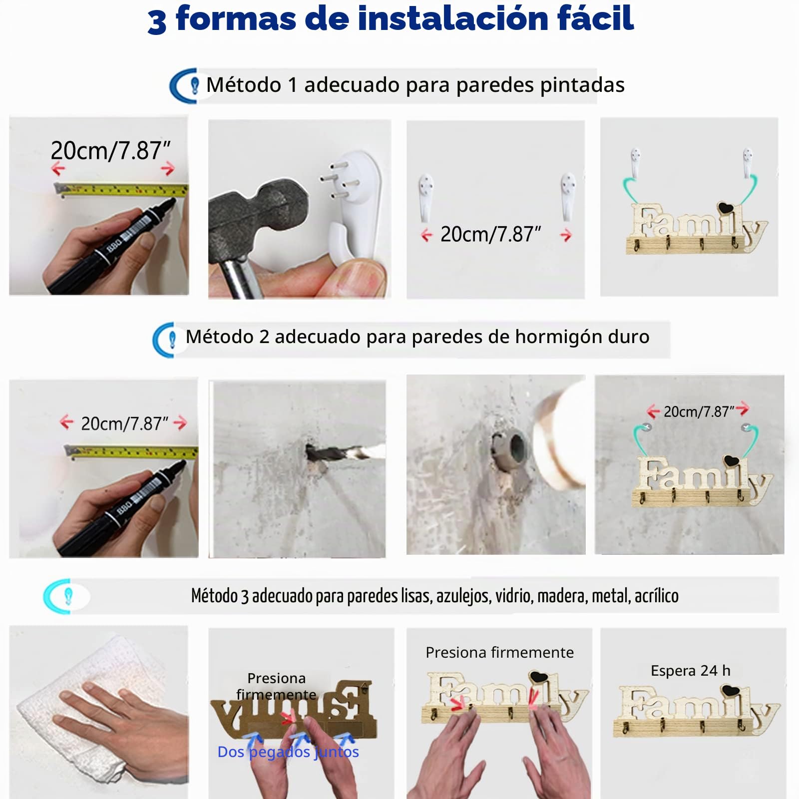 Echehi Colgador Llaves de Madera Decorativo Familiar, Autoadhesivo o Perforador Instalación de 3 vías Colgador Llaves Pared para el Hogar, Blancos.Negro
