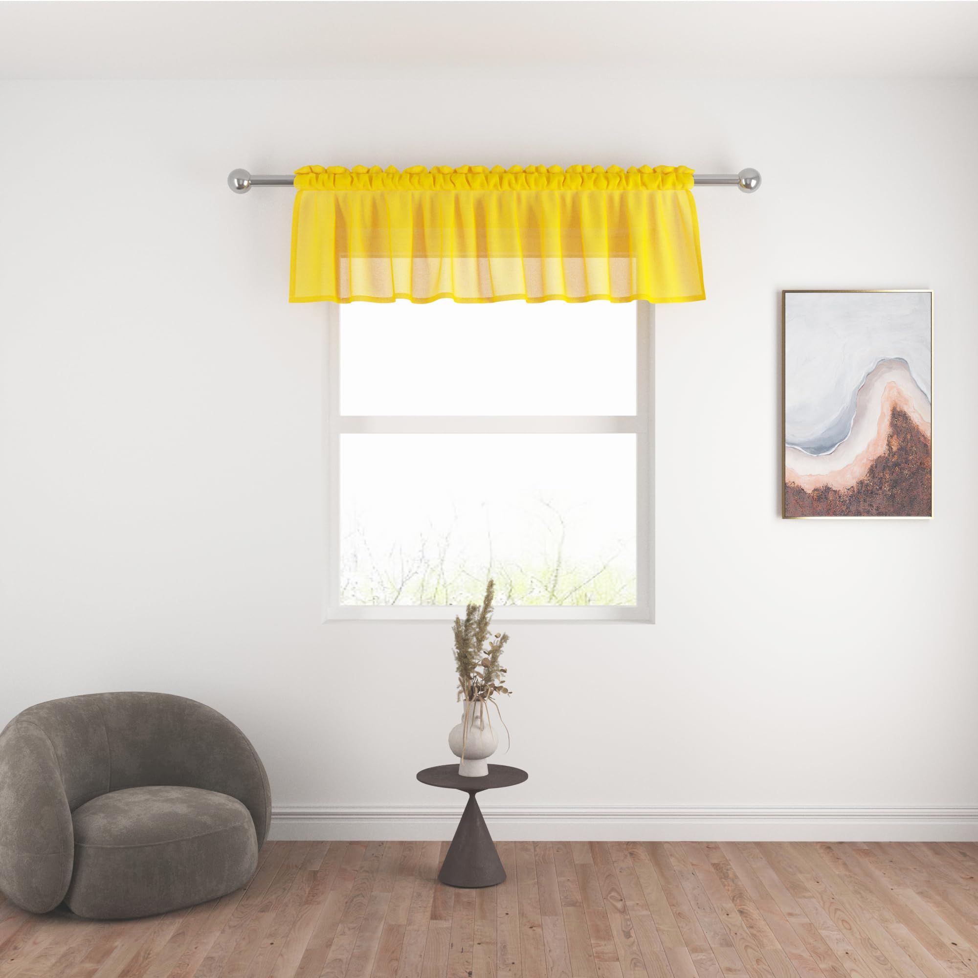 Voilage transparent texturé en lin jaune 182x35cm, cantonnière passe-tringle de fenêtre