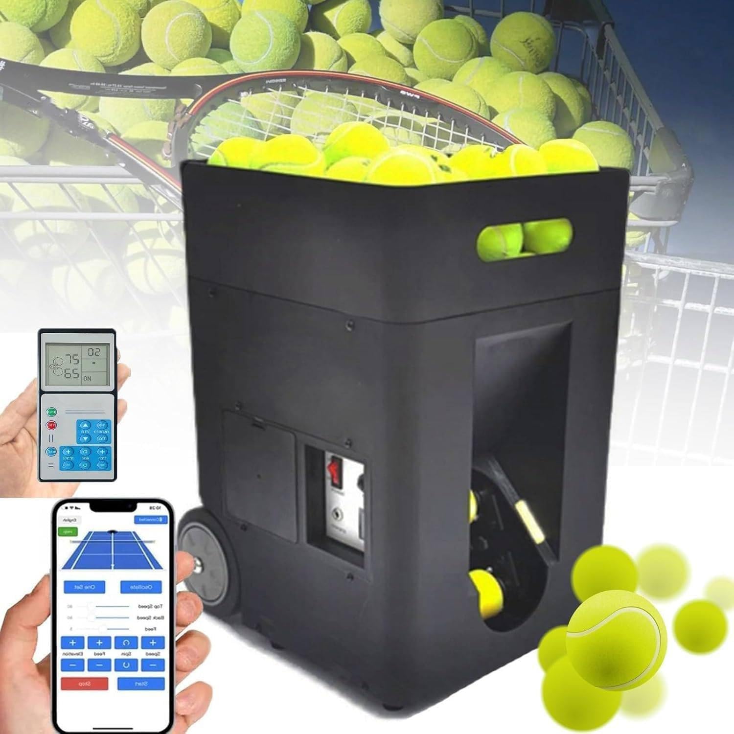 Lanciapalle da Tennis, Macchina per Lancio Automatico, Allenatore/Lanciatore/Attrezzatura per Allenamento Quotidiano, migliora Le abilità, con App/Telecomando, più modalità di Allenamento
