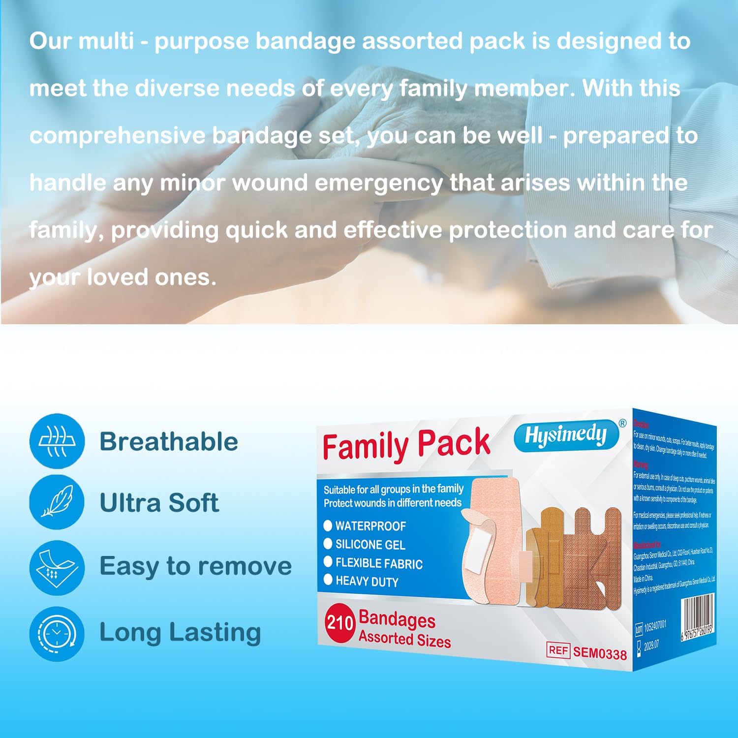 Hysimedy Paquete de 210 vendas adhesivas de tela flexible, resistentes e impermeables, de silicona, en varios tamaños, vendas para nudillos para pieles sensibles