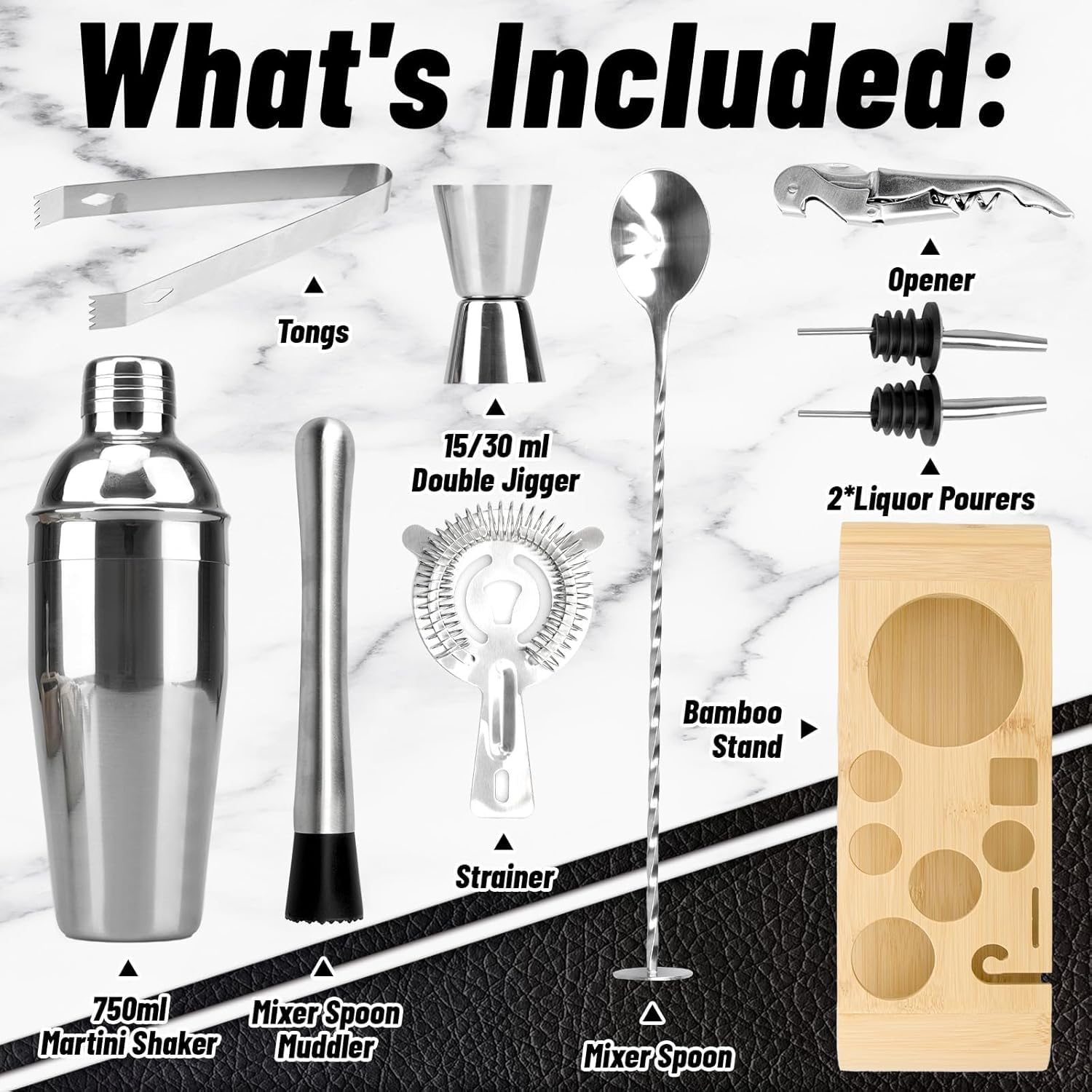 Kit Profesional De Coctelería De 10 Piezas con Soporte De Bambú, Coctelera De 750 Ml, Herramientas Esenciales para Preparar Cócteles, Hombres, Padres Y Amigos.