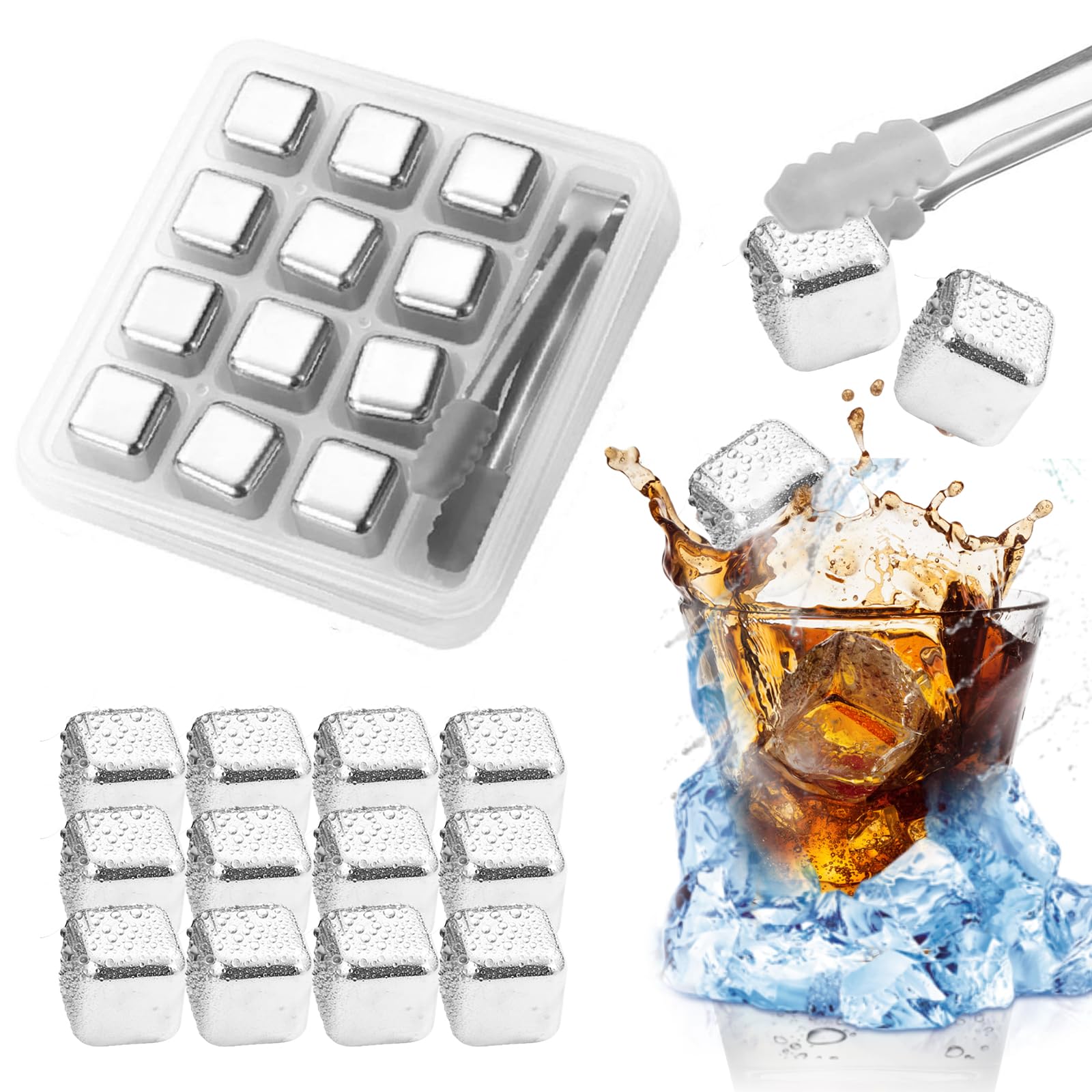 Piedras De Whisky Premium: 12 Piezas Cubos De Hielo De Acero Inoxidable 304, Enfriamiento Rápido Y Duradero, para Whisky, Vino, Cócteles Y Otras Bebidas (2.7X2.7X2.7cm)