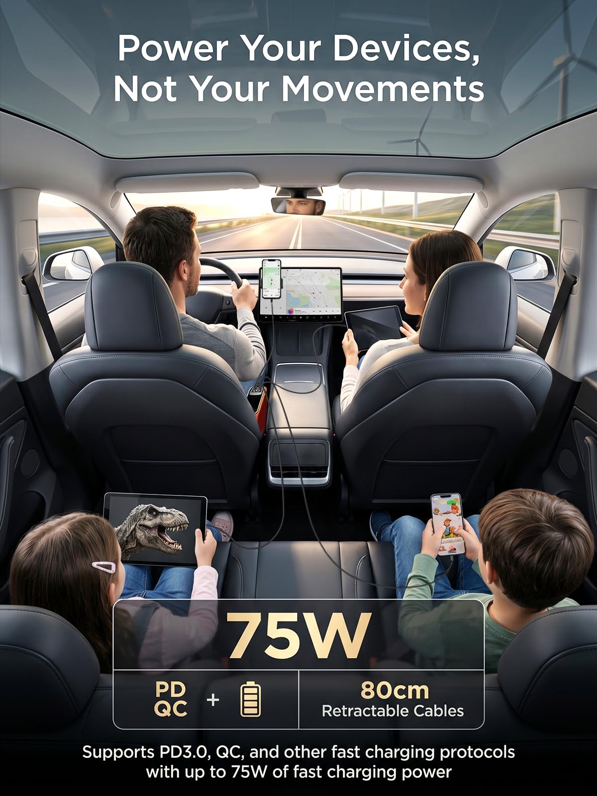 Cargador retráctil de coche de 75 W con relleno de espacio para asiento de coche, adaptador de carga rápida 4 en 1, cable PD USB C integrado de 36 W y organizador de almacenamiento para teléfono/gafas