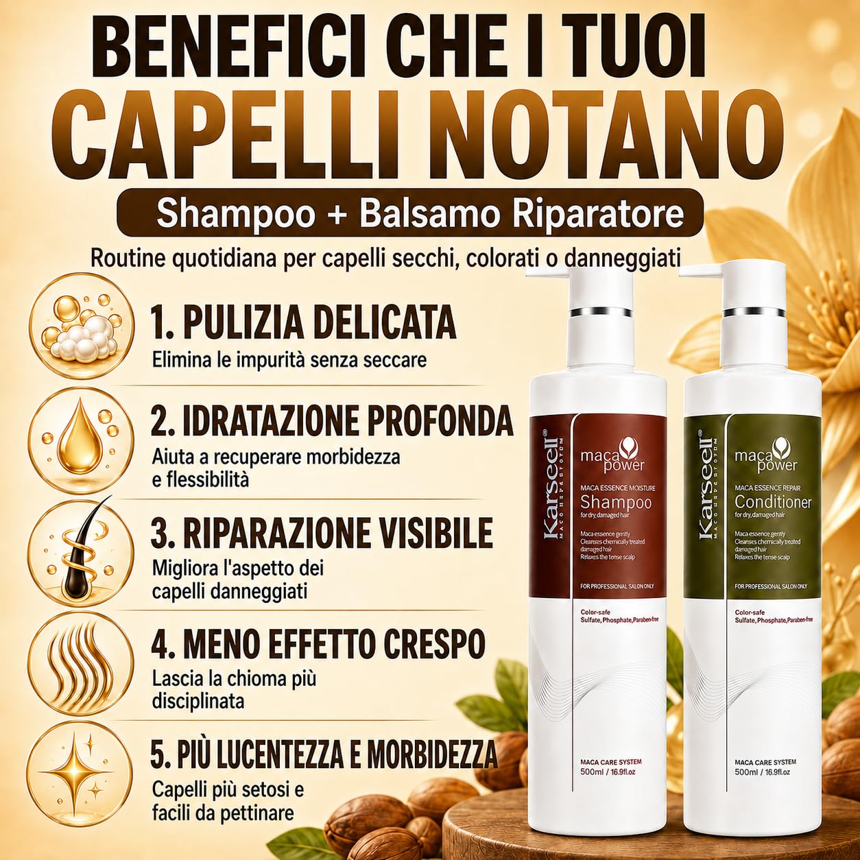 Karseell MACA CARE SYSTEM Set Shampoo Idratante + Balsamo Riparatore Capelli Secchi Danneggiati Colorati Ricci Lisciati Nutriente Anticrespo Collagene Argan Maca Professionale Senza Solfati 2x500ml