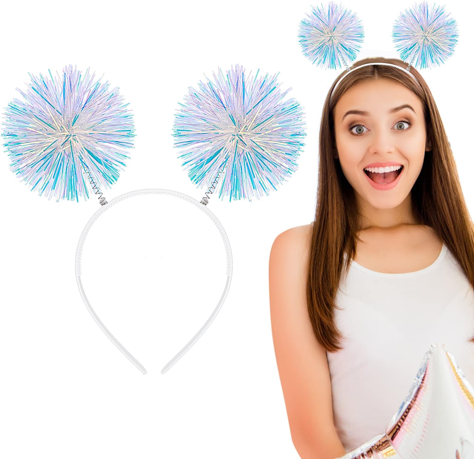 Foil Strips Pom Pom Headband Tinsel Fashion Headband Fluffy Ball Hair Loop Cosplay Hair Accessories for Women Girls Christmas Party Birthday