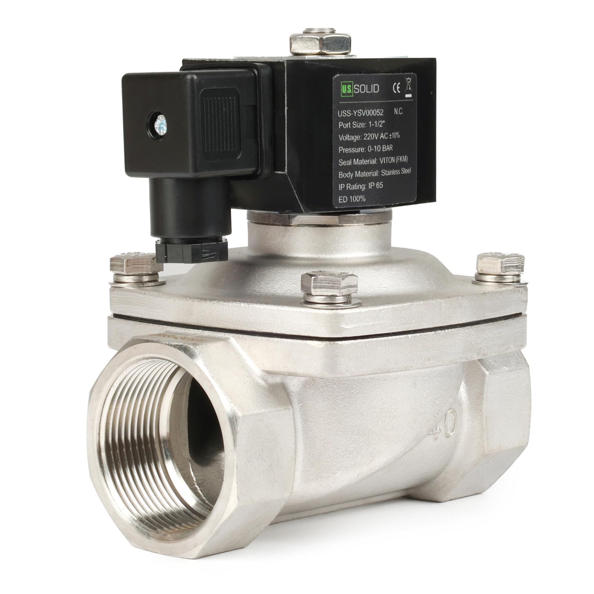 U.S. Solid Electroválvula Acero Inoxidable G 1 1/2 pulgada 220 V CA normalmente cerrada NC 10 bar, válvula eléctrica para agua, aire, diésel, queroseno, gasolina