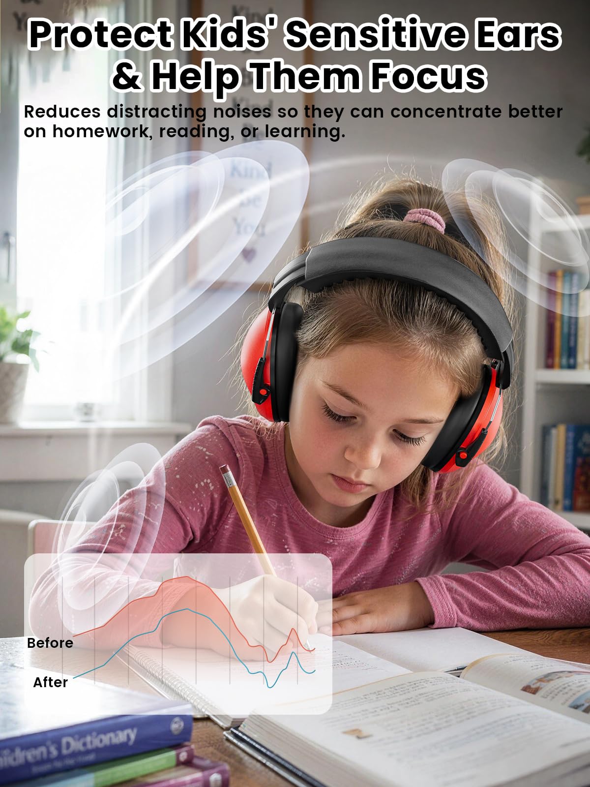 Dr.meter Noise Cancelling Headphones for Kids Toddlers Adults, Red Earmuffs view 5