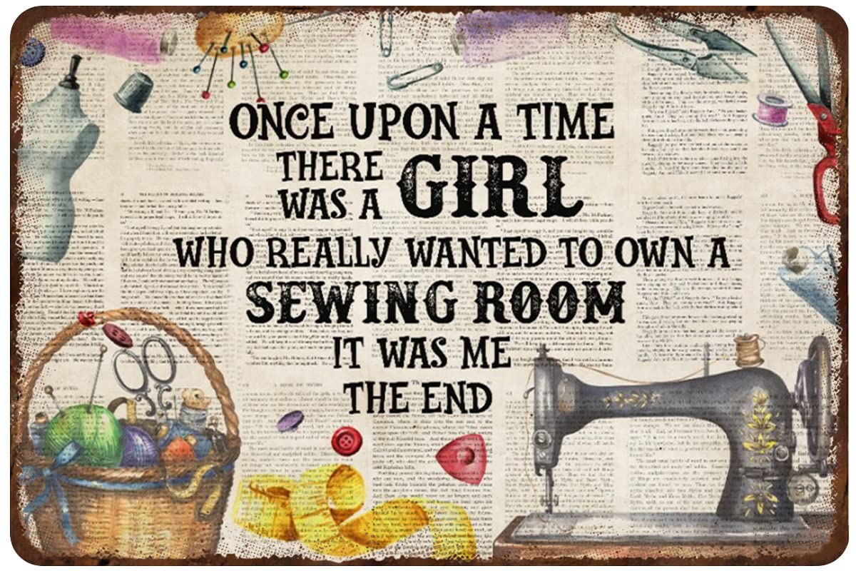 kisoyo Vintage Metal Tin Sign Once Girl Own A Sewing Room on paper Poster Funny Wall Decor Decorative for Home Bedroom Kitchen Bar Cafe Office 8x12 Inch