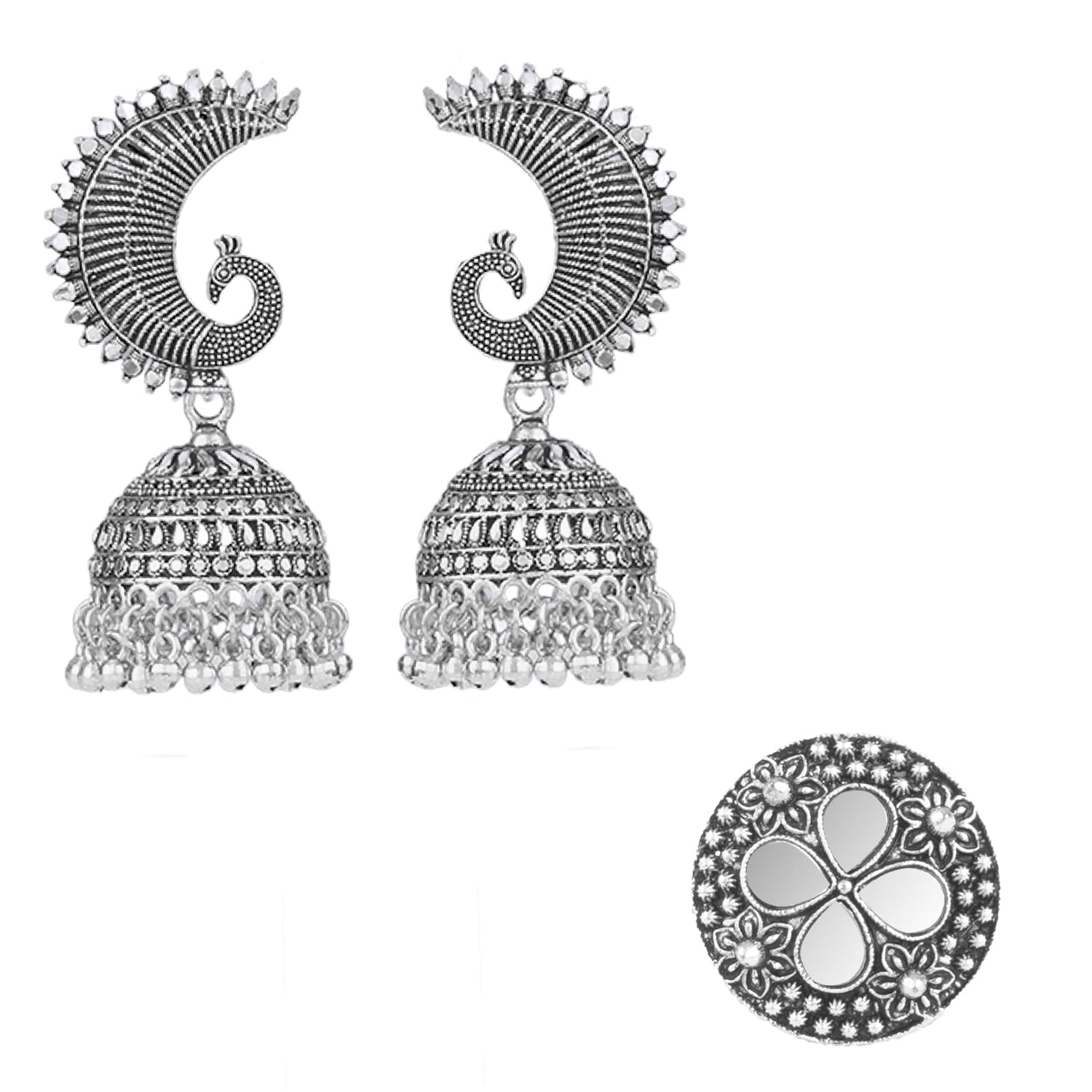 JFL - Jewellery for Less Combo Stylish Antique Oxidised Silver Plated Peacock Design Jhumki Earring with Floral Design Mirror Work Adjustable Finger Ring Women & Girls.(Navratri Special) (B0DHLCWMKP) Amazon Price History, Amazon Price Tracker