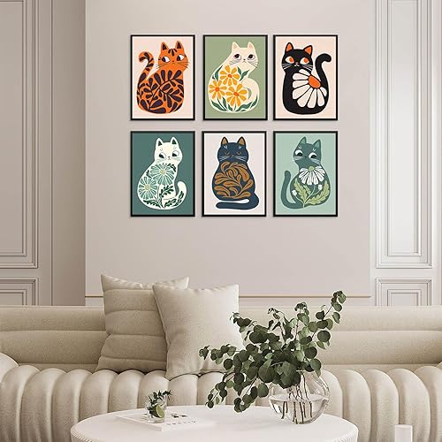 Miniatura 5 de FEOFTIE Arte de pared de gato, póster neutro y bohemio, estampado de plantas, imágenes de animales retro, pósteres verdes, impresión de mediados de