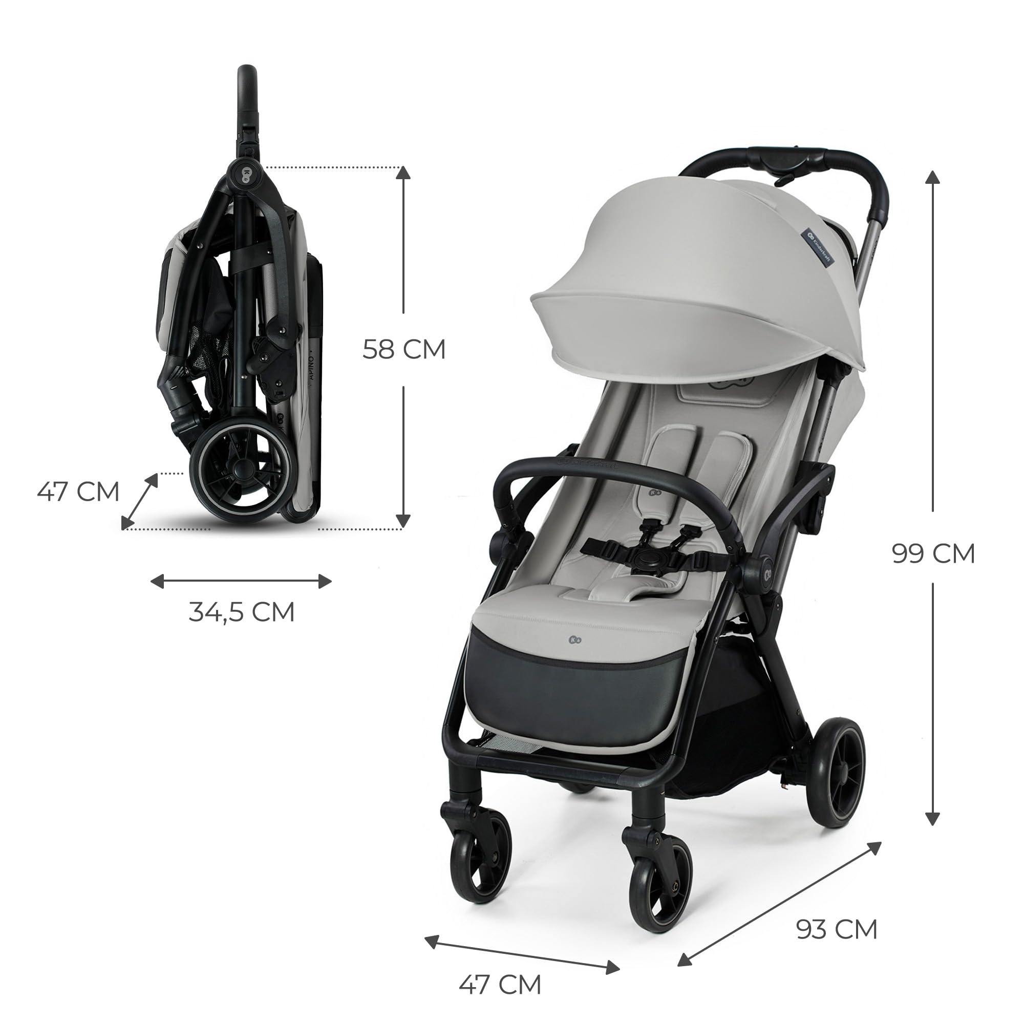 Kinderkraft APINO Buggy bis 22 kg, Liegebuggy, Leicht 7,5kg, Automatisches Zusammenklappen, Grau
