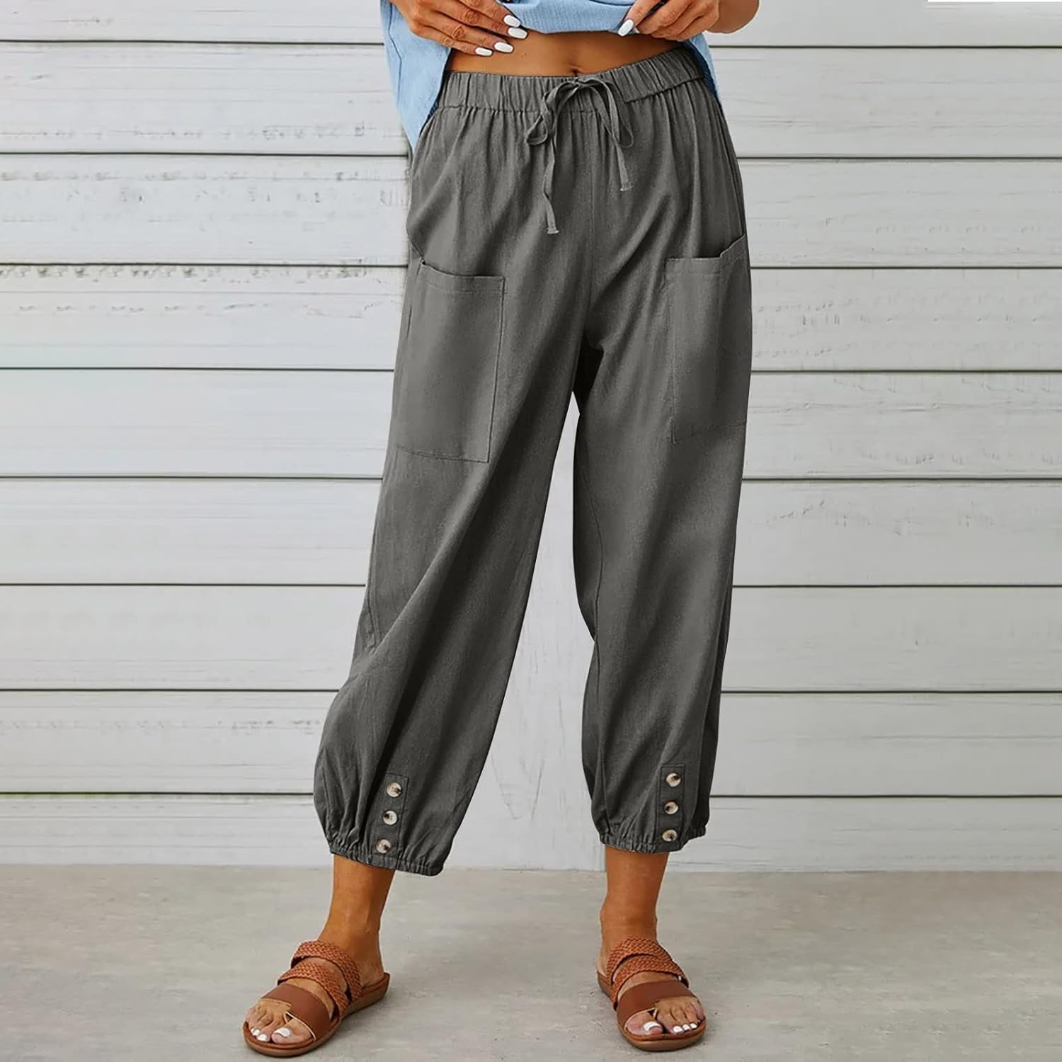 Women's Cropped Drawstring Waist Wide Leg Loose Cotton Linen Capri Pants for Women - Image 2