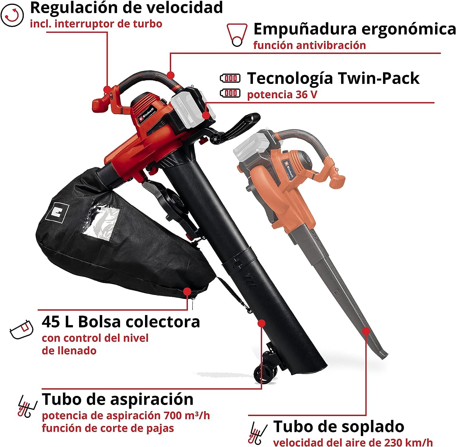 Einhell Soplador de Hojas con Batería GE-CL 36/230 Li E-Solo Power X-Change (Iones de Litio, 18 V, 225 m³/h, Bolsa de 45 L, Incl. Tubo de aspiración + Tubo de soplado, sin Batería ni Cargador)