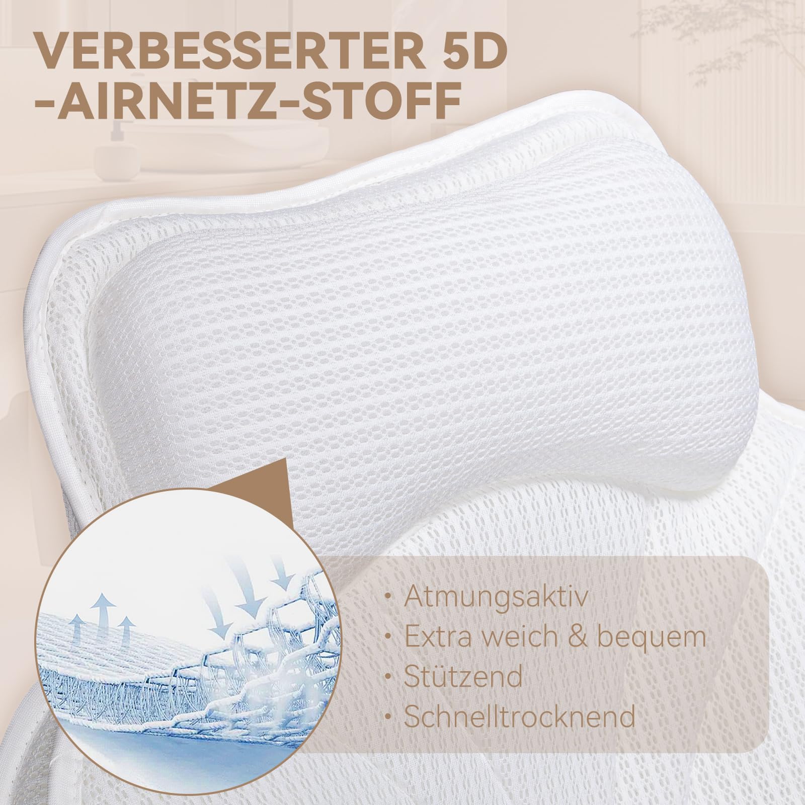 Badewannenkissen – Nackenkissen Badewanne aus 5D Air Mesh, Badekissen für Badewanne, 54 Rutschfestes Kopfkissen, Schnelltrocknend, Weiches Kissen für Badewannen (Weiß)