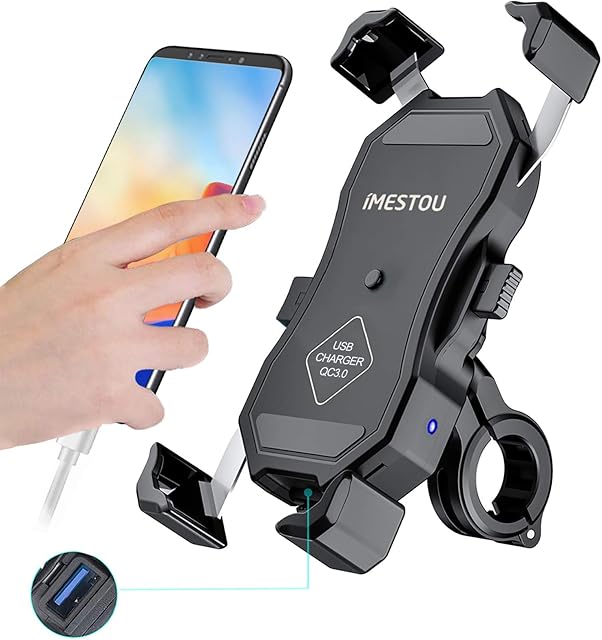 USB Charge Mount-iMESTOU Self Locking Motorcycle Phone Mount Quick Charge USB 3.0 Handlebar/Rear-View Mirror Holder Charger Work with 12V/24V Vehicles