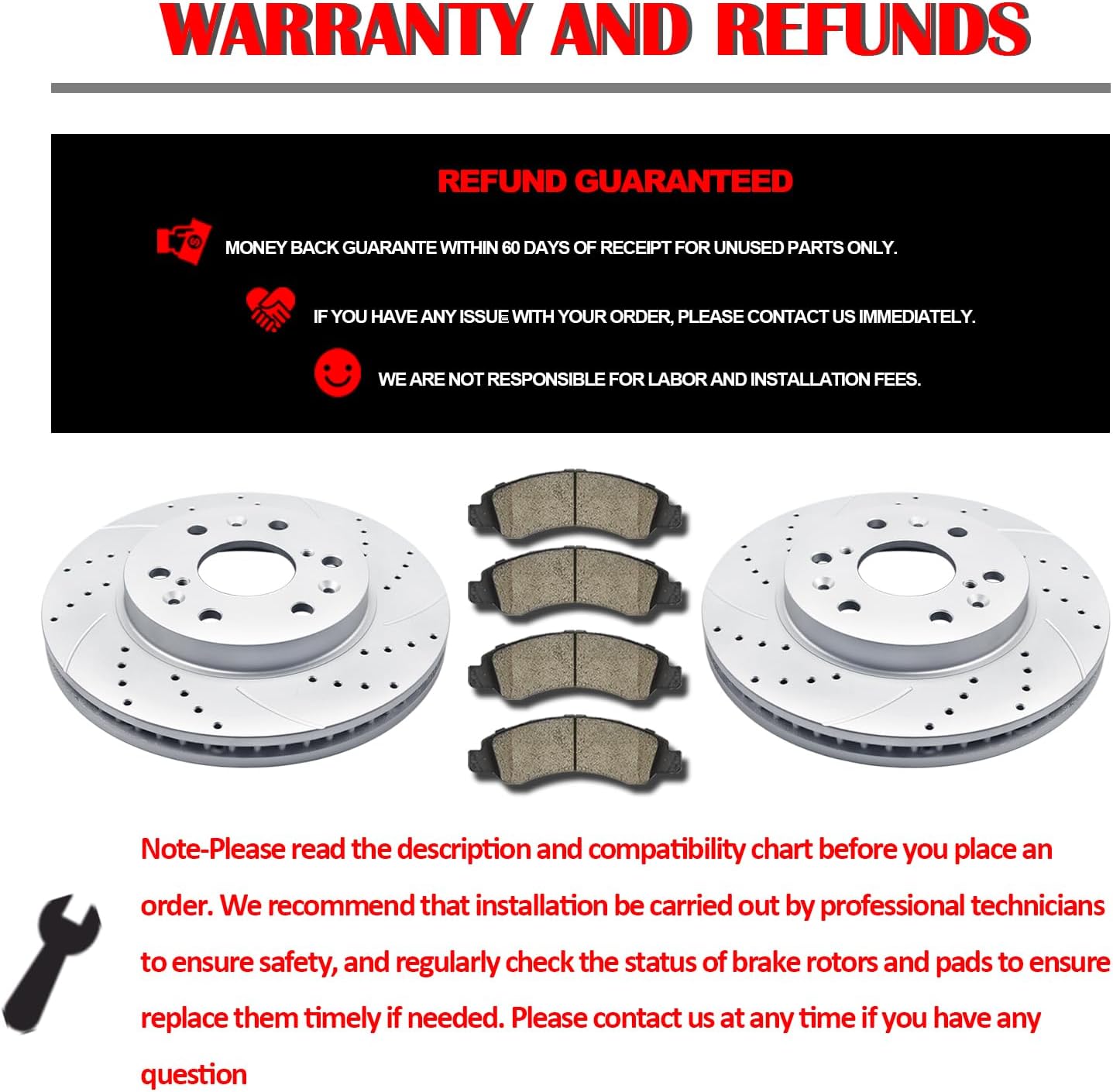 Front and Rear Brake Kit, Drilled and Slotted Brake Rotors Ceramic Brake Pads Suitable for Cadillac Escalade Chevy Silverado 1500 Tahoe GMC Yukon