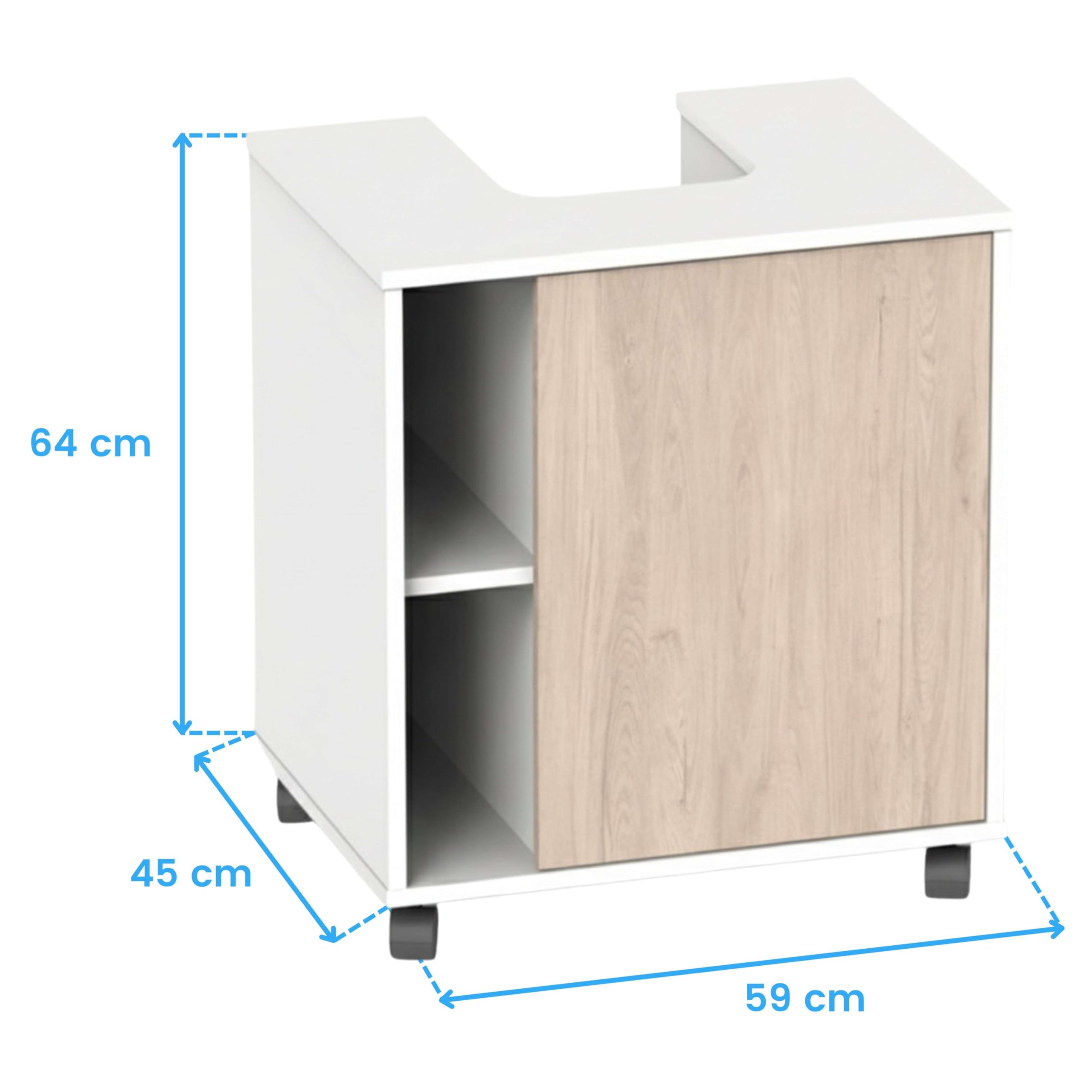 MUEBLES PITARCH | Mobile basso per lavabo, armadietto da bagno, larghezza 60cm, con ruote, 1 porta a sinistra o a destra, Bianco e Rovere Aurora, modello Sintra