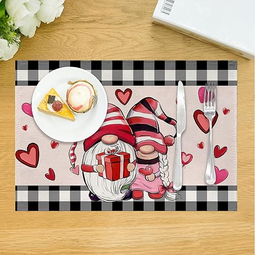 Miniatura 6 de Juego de 4 manteles individuales de San Valentín de 12 x 18 pulgadas, para interiores y exteriores, decoración de mesa de San Valentín, gnomos de