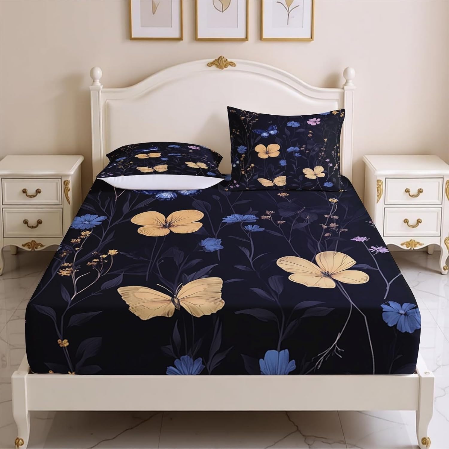 Sabana Bajera 135x190 Mariposa Amarilla Sabanas Bajeras Estampadas Flores Azules Sábana Bajera Ajustable Suaves, Elastico Funda Colchon con 2 Funda Almohada 50x80 cm, para Colchón de 30cm de Altura