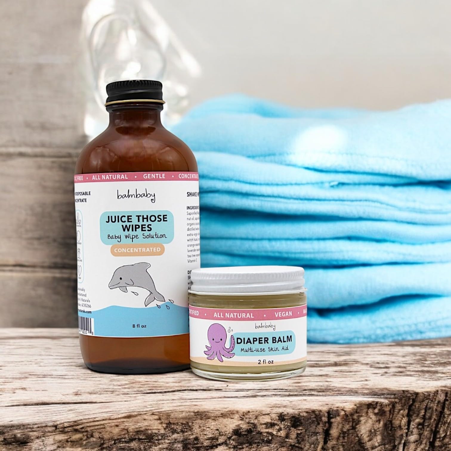 BALM! Baby Juice Those Wipes and Diaper Balm - Cloth Wipes Concentrated Solution + Baby Diaper Rash Balm - All Natural - Cloth Safe - Plastic Free - Glass Containers - Made in USA