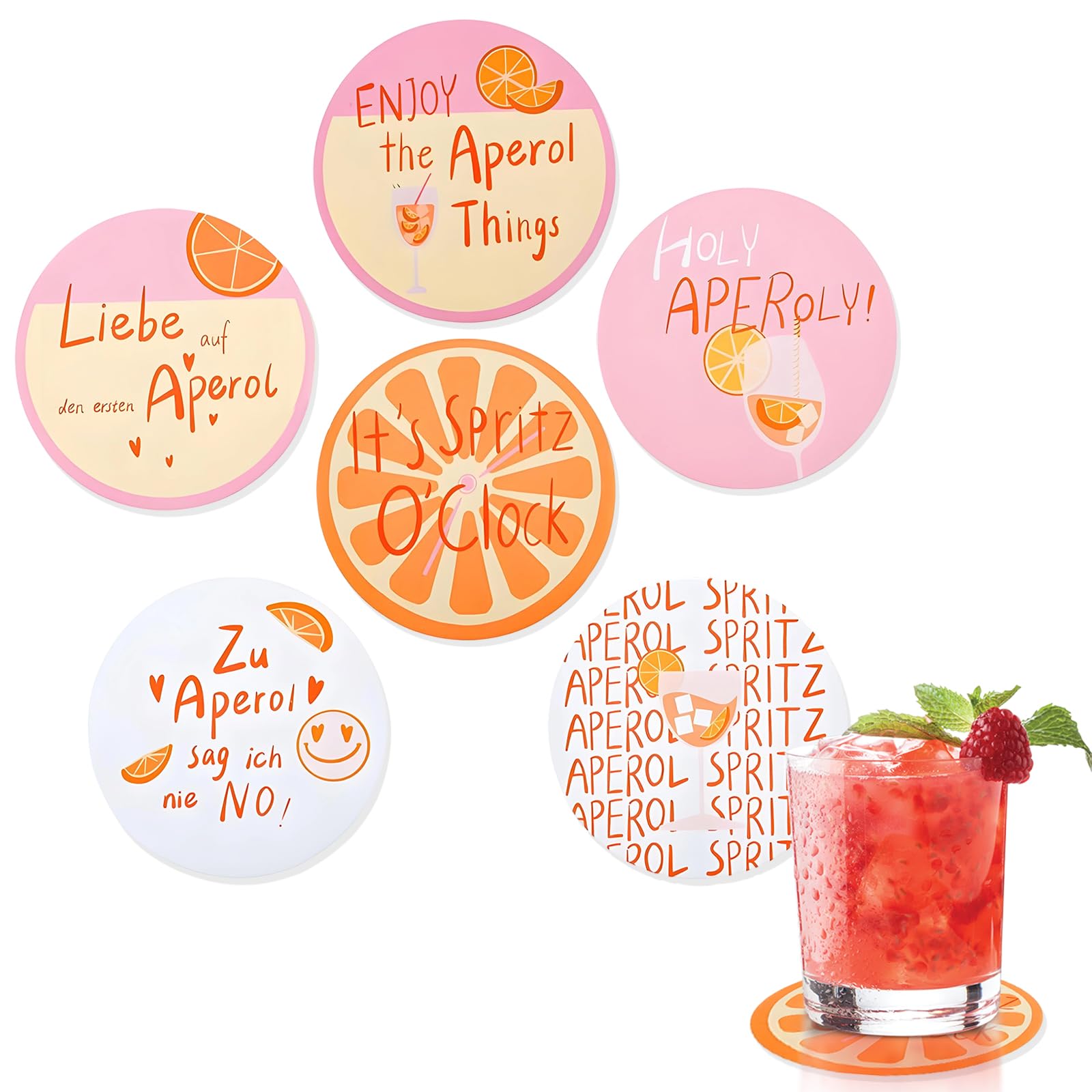 Coasters Set of 6, Funny Drink Coasters with Sayings, Gift for Aperol Lovers, Round Non Slip Coaster Crafts for Tabletop Protection and Gifts, Summer Table Decoration(10 x 10 cm)
