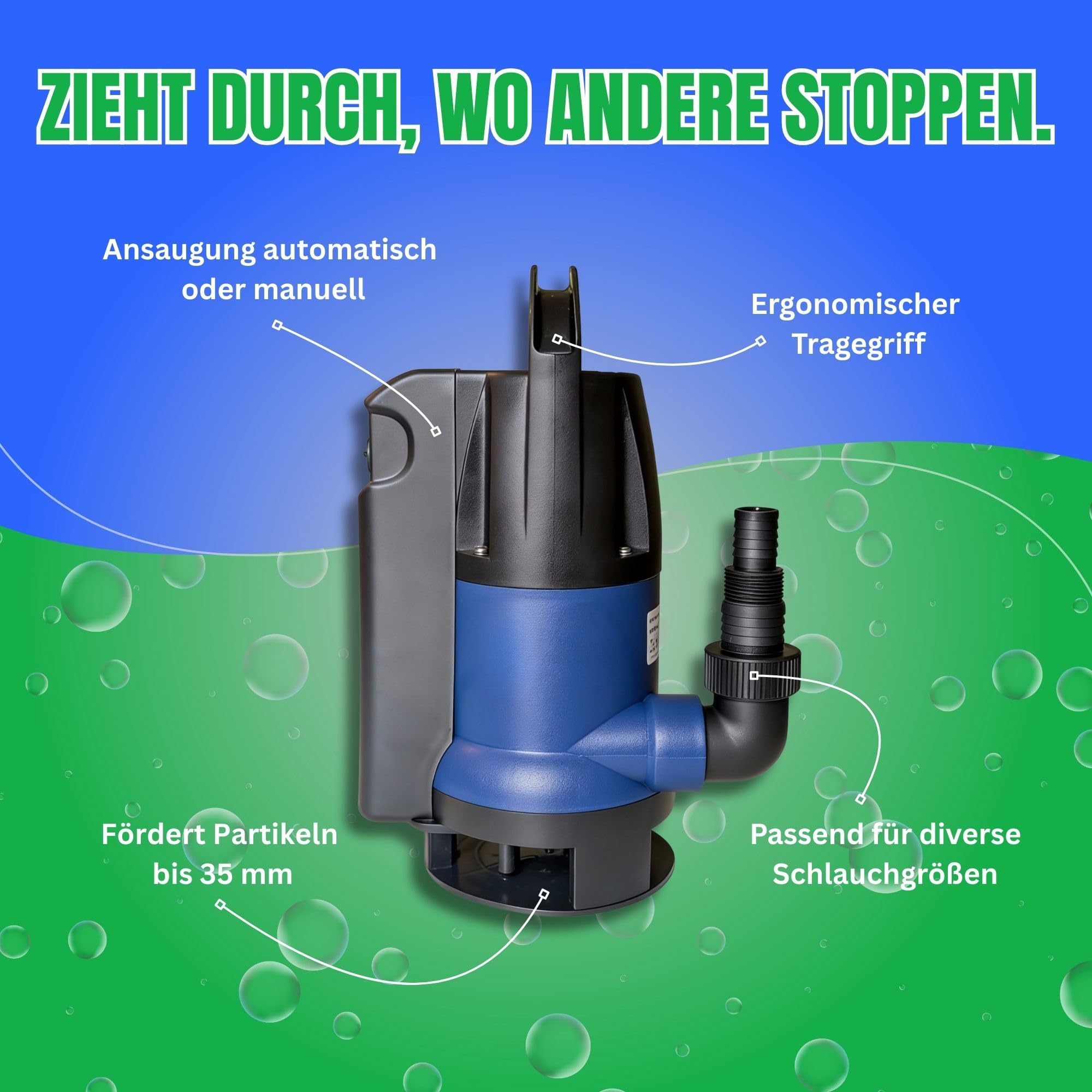 Schmutzwasserpumpe Tauchpumpe 400 Watt, 8000 L/h 0,5 Bar Druck >>5m Förderhöhe integrierter Schwimmerschalter für Automatik und Manuellen Betrieb