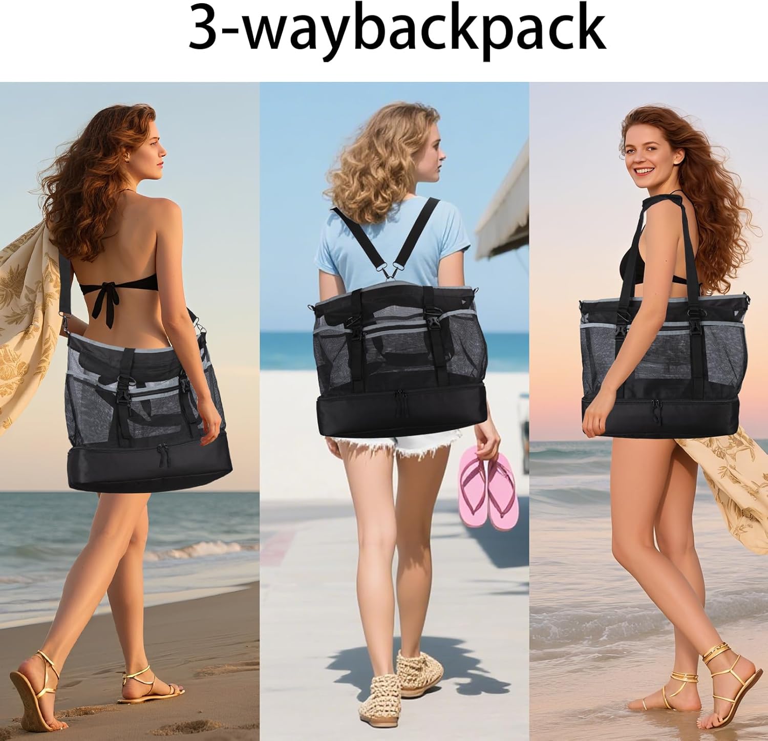 Mesh Beach Bag with Cooler Large Travel Family Vacation Essentials Pool Swimming Zipper Pocket Durable 9 Pockets - Image 2