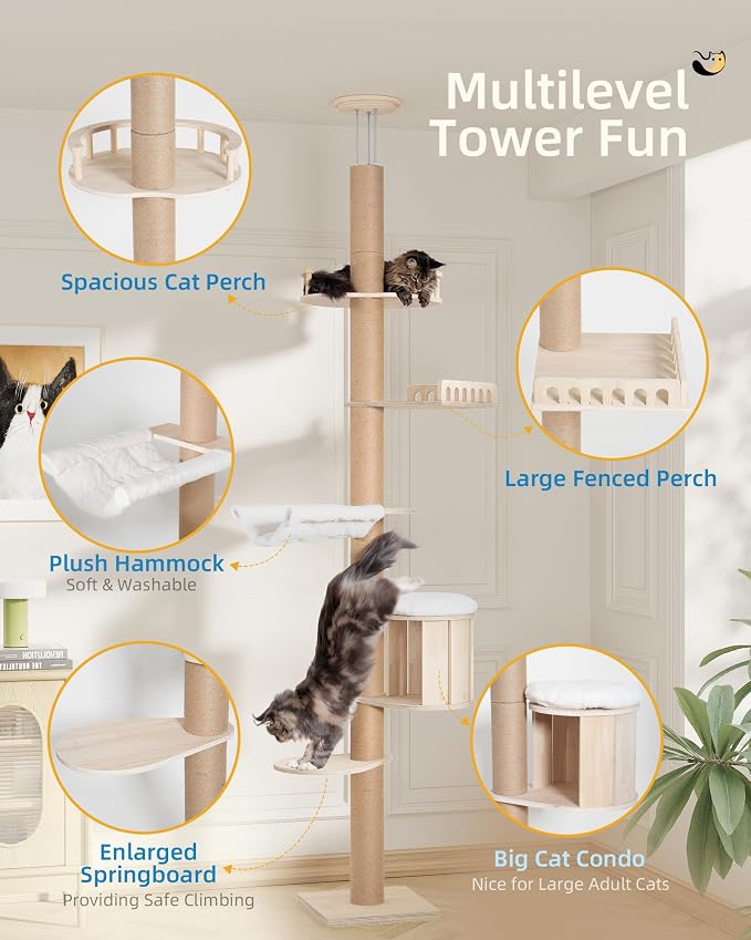Casa para gatos de suelo a techo, torre alta, ajustable 82-122 in miniatura 2