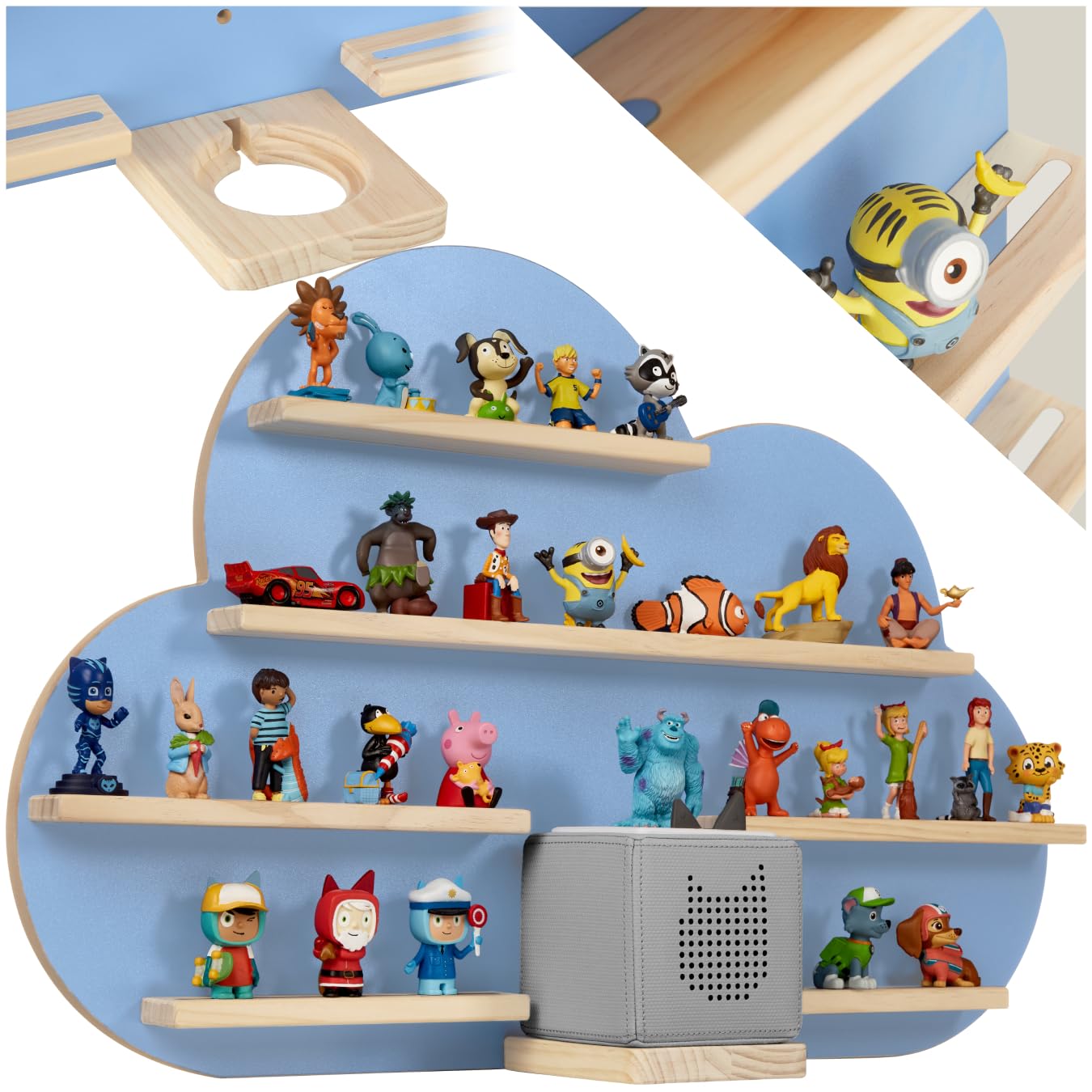 tectake® Holz Regal mit Magnetstreifen für Wand Montage, Tonieregal, Wandregal für's Kinderzimmer, Aufbewahrung Musikbox, für Tonies Tonie Hörfiguren und Toniebox - blau