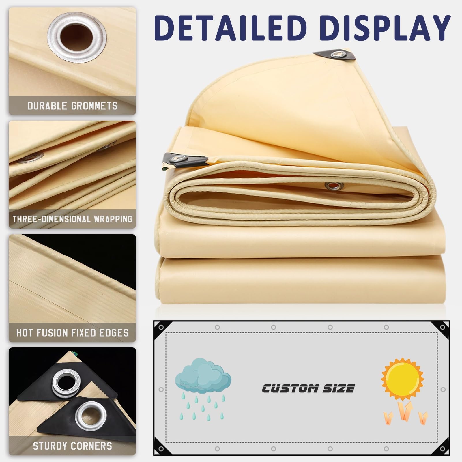 Telo cerato beige, resistente, 500 g/m², telone impermeabile, 2 x 2 m, 3 x 4 m, 4 x 6 m, 5 x 5 m, teli di fondo, tenda Yopappol, antipioggia, con occhielli.(5x5m)