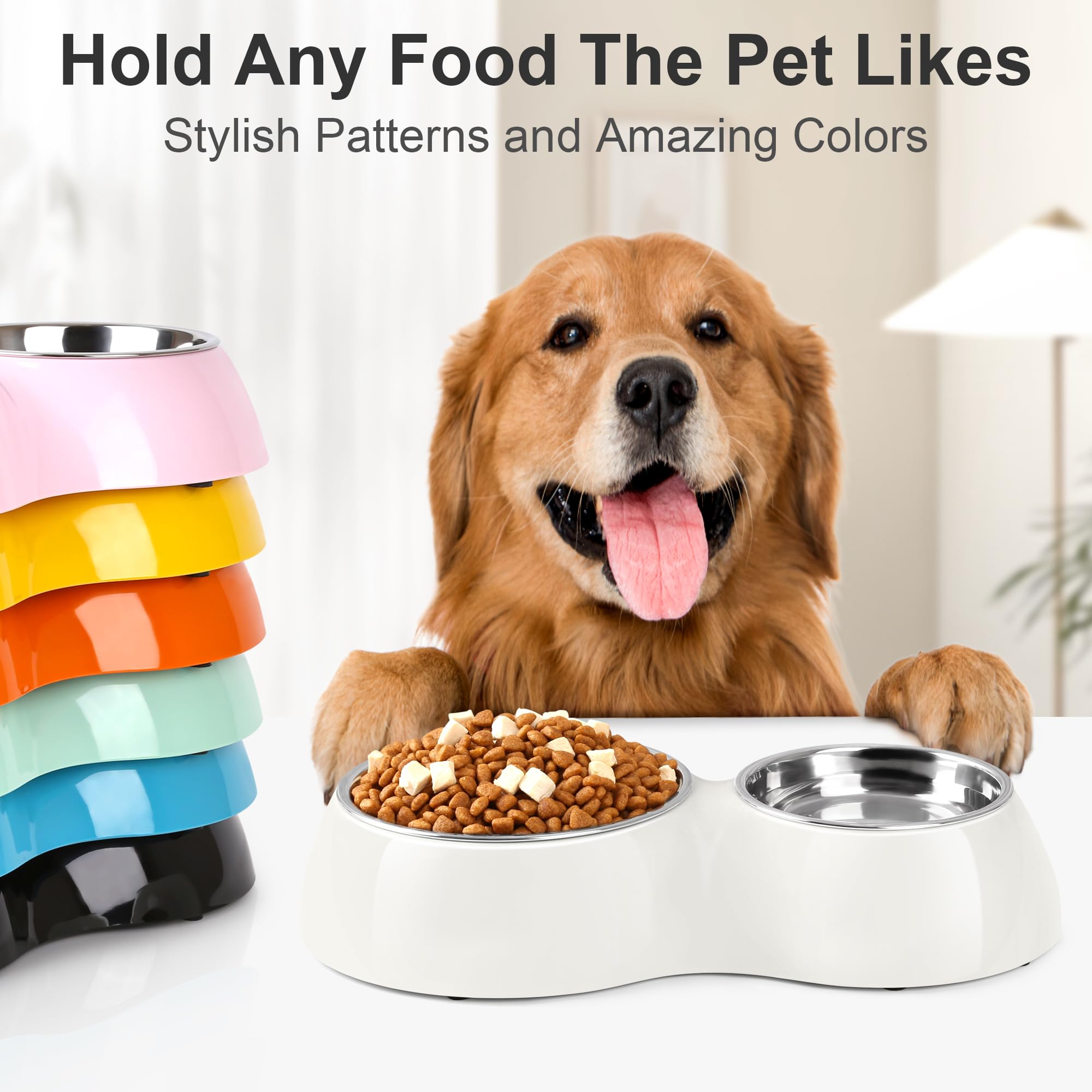 etvillage - Juego de cuencos dobles para perros, contiene dos cuencos de acero inoxidable y una base de elevación. Proporciona comida y agua para perros grandes, medianos y pequeños. (Mediano: 4.8