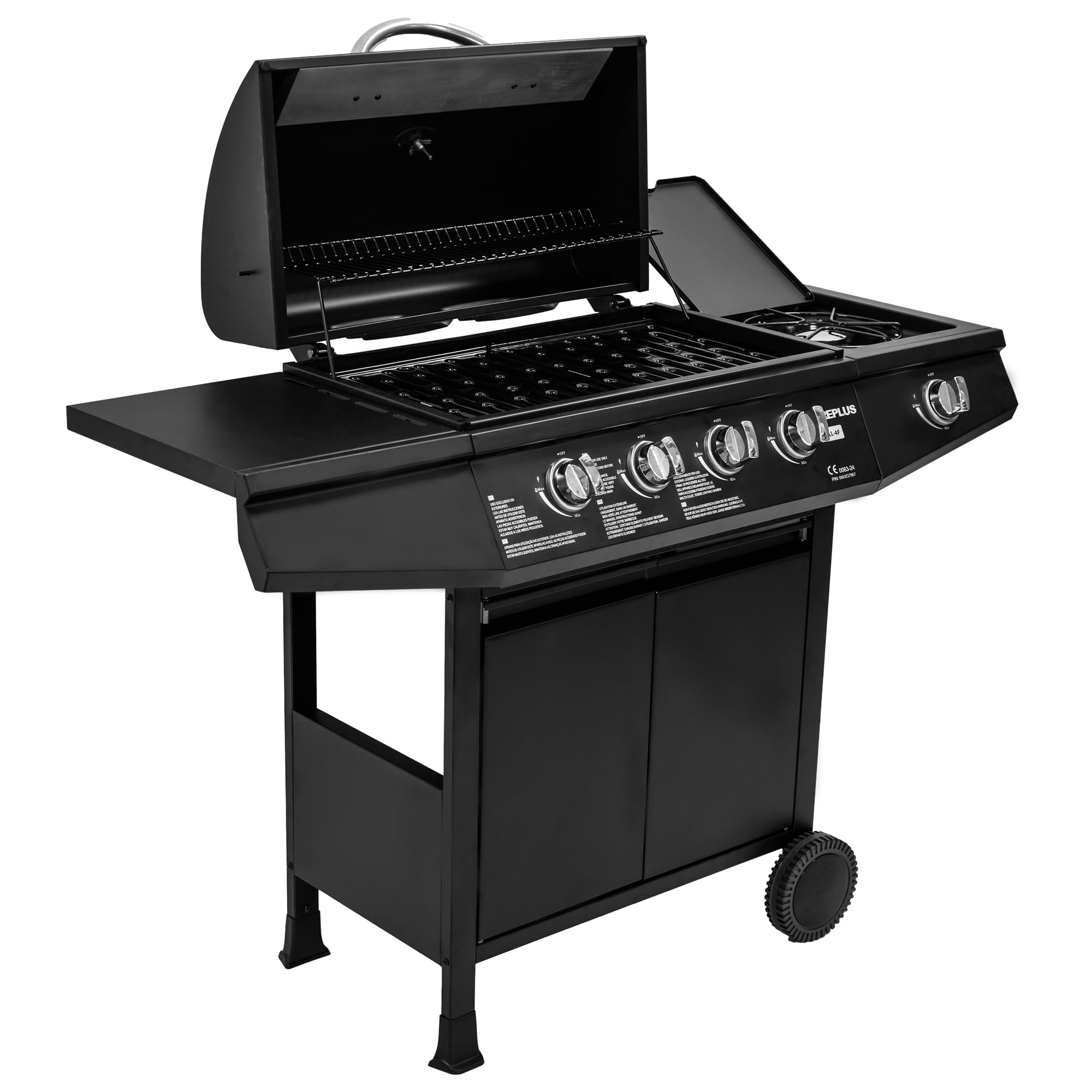 Amig - Barbacoa de gas Fireplus 4+1 de 9,3 kW - Acero inoxidable Negro - Parrilla con ruedas Modelo GRILL-4F - Barbacoa XXL con carro y termómetro - 126x52x103 cm - 5 quemadores y Bandeja lateral