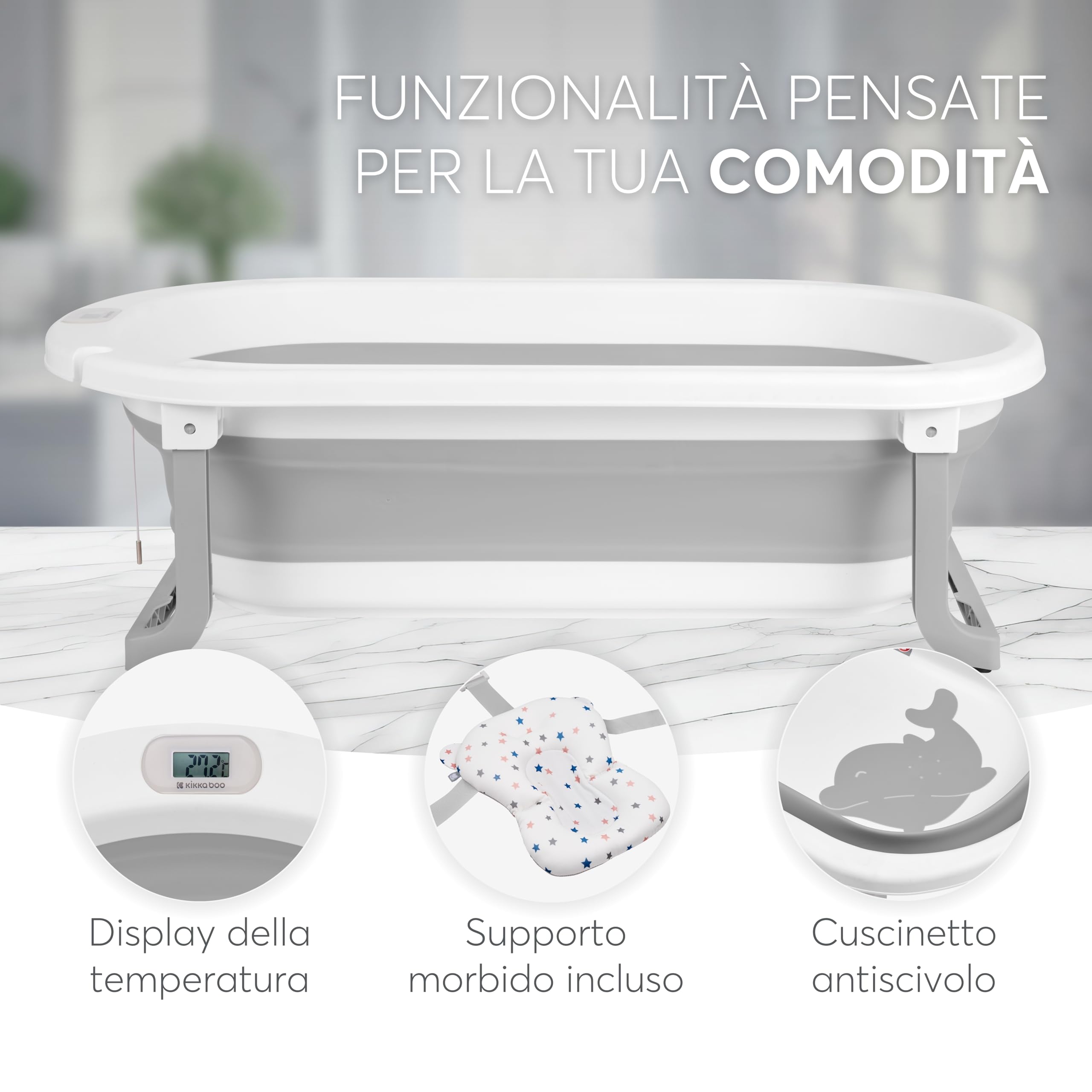 KikkaBoo Vaschetta Bagnetto Neonato Pieghevole WILLY, Salvaspazio con Termometro Integrato, Cuscino Morbido di Supporto, Gambe Antiscivolo, 0-36 Mesi, Regalo Nascita Bambino, Grigio