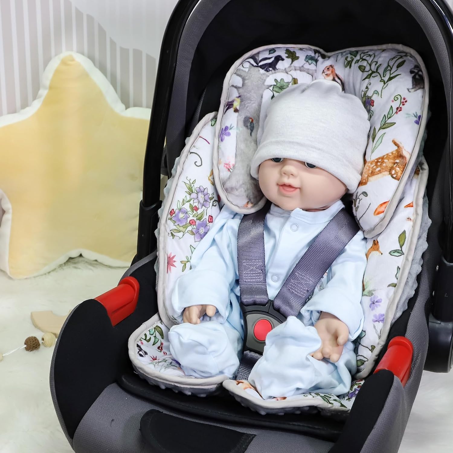 TANOFAR Coussin de siège auto 2-en-1 pour nouveau-né, support de tête pour siège auto bébé filles garçons, coussin de soutien de tête extra doux pour siège auto bébé, poussettes, rebondisseurs