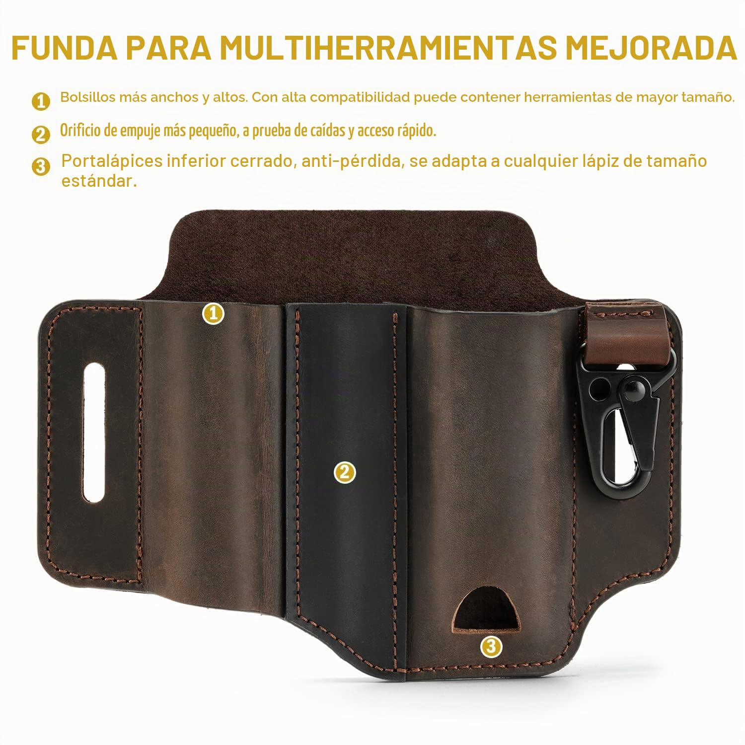 VIPERADE PJ13 EDC Funda de cuero, Multitools Funda/Herramientas Funda/Cuchillo Cinturón Funda/Linterna Vaina para Leatherman Multitools/Cuchillos, Hecho a Mano 3 Bolsillos Organizador Funda