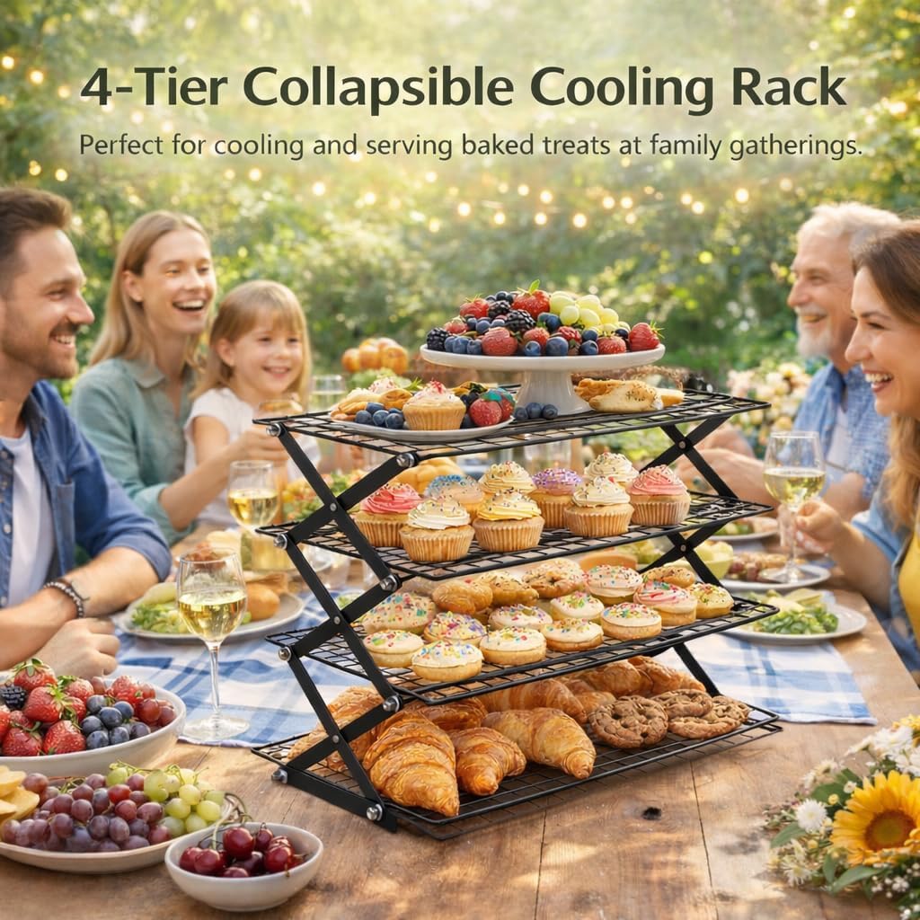 4-Tier Collapsible Cooling Rack, Adjustable Stackable Wire Baking Rack, Iron Wire Rack 17.72 x 9.72 x 16.81 in, Foldable Storage Shelf for Camping Picnic, Roasting Grilling Drying