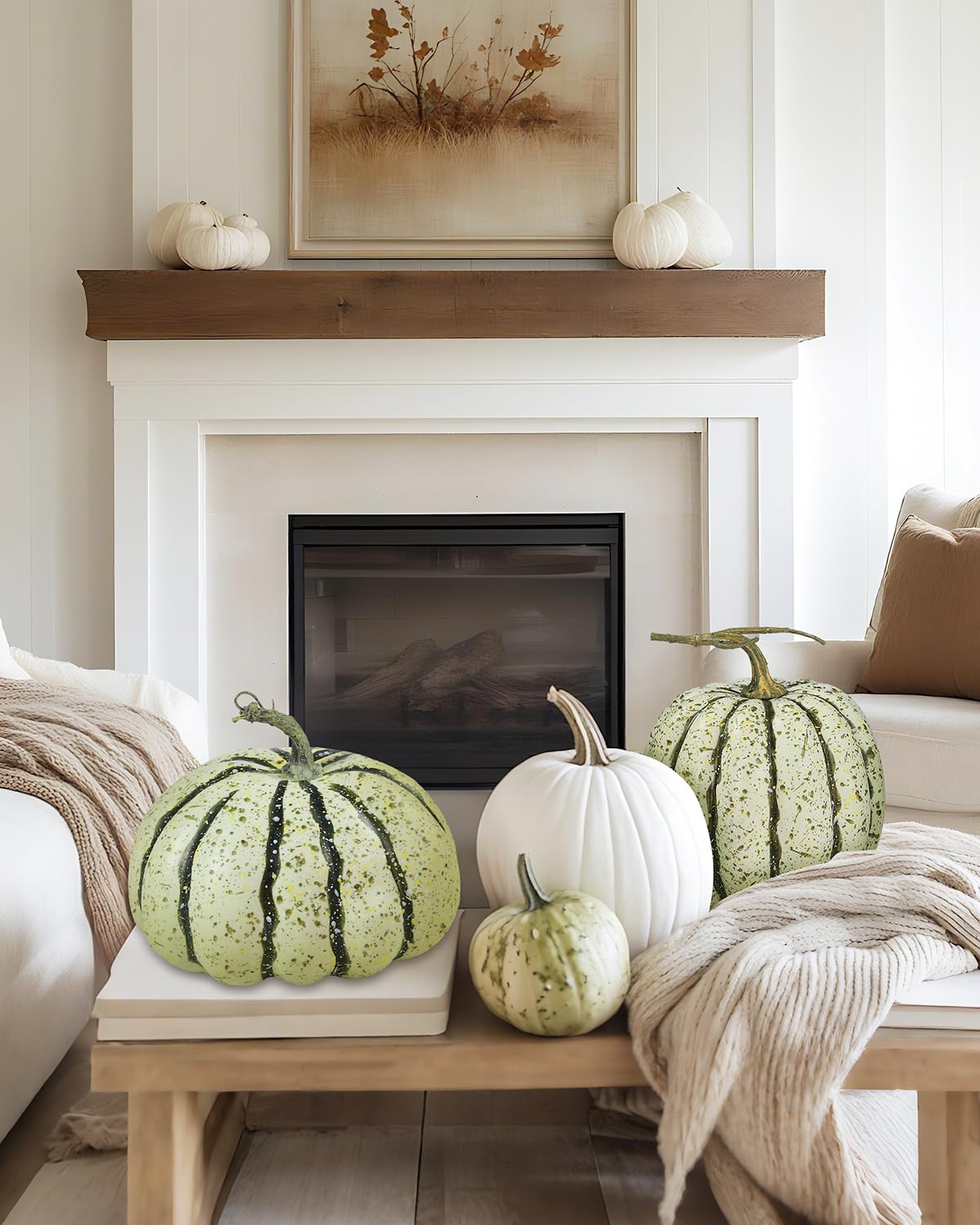 DuHouse Zucca artificiale verde autunnale, 12,7 x 15 cm, zucca finta raccolta con stelo rustico e finitura maculata per decorazione autunnale da tavola, centrotavola del Ringraziamento