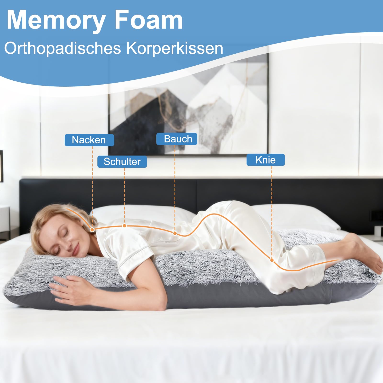 Memory Foam Seitenschläferkissen für Erwachsene – 2,65KG Ganzkörperkissen mit Plüsch Abnehmbarem Bezug, Warm Kuschelig Schwangerschaftskissen Schlafkissen und Stillkissen, Grau, 136x51 cm