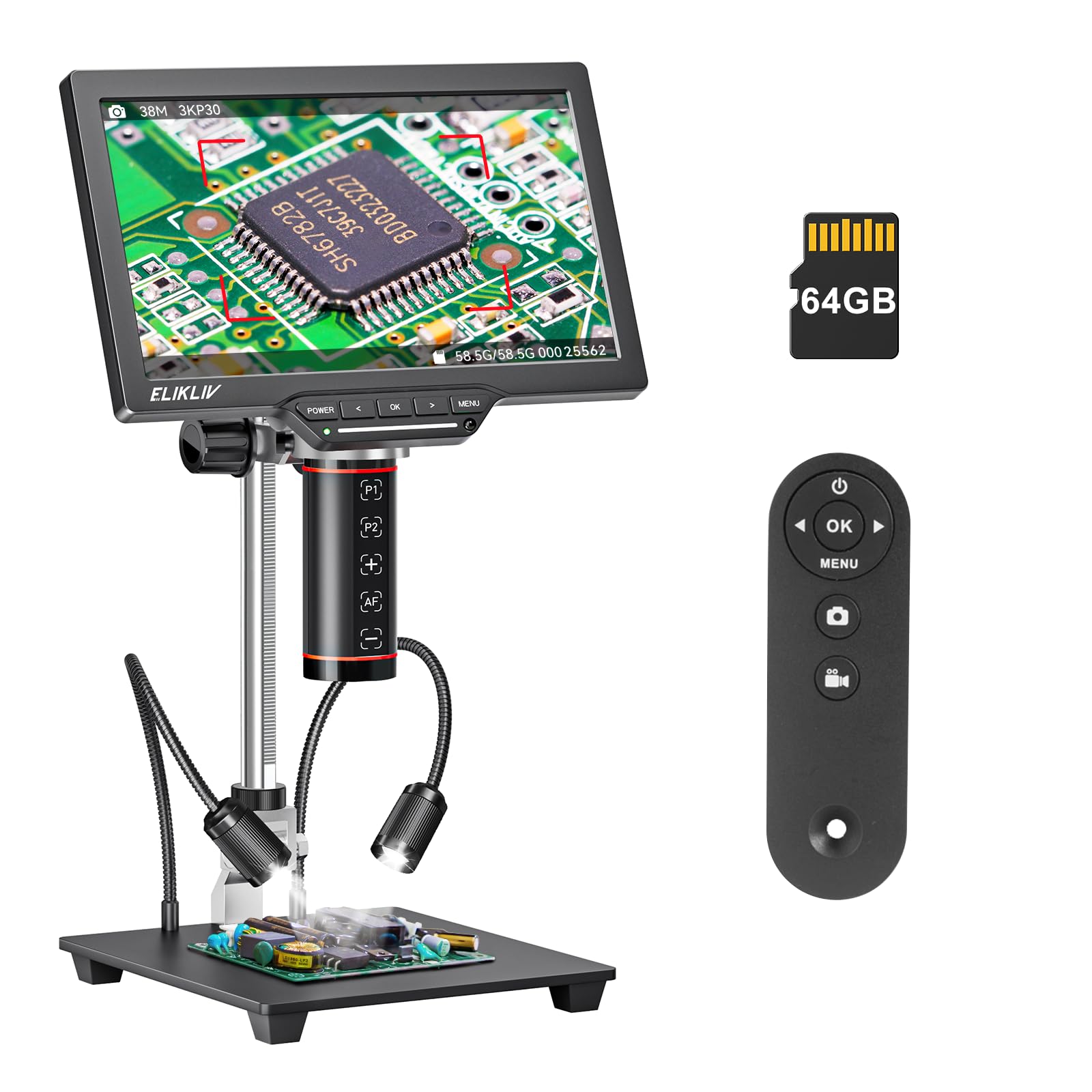Elikliv EM3K-AF Max Microscopio Digitale 3K Autofocus HDMI, Schermo LCD da 10.1" e 38MP, per Saldatura e Riparazioni Elettroniche, Supporto da 10'', 64 GB