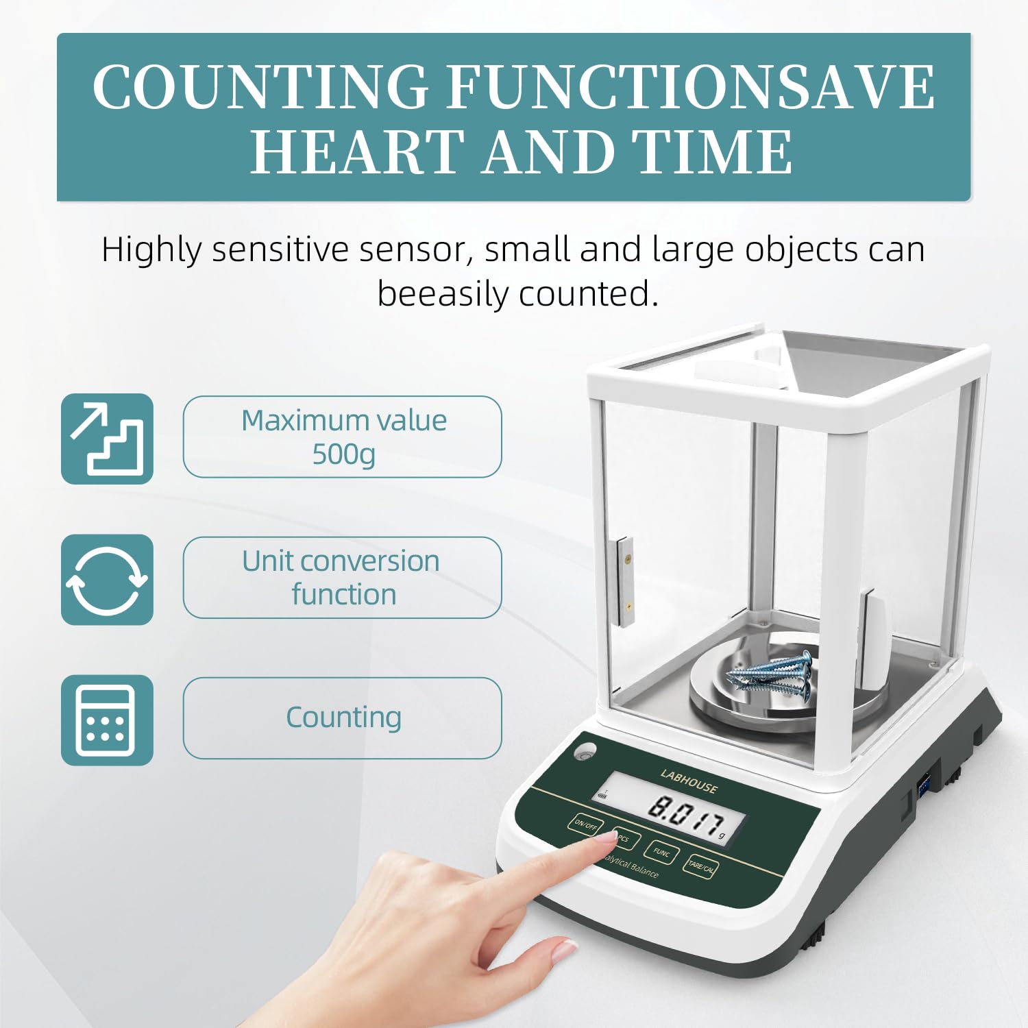 Báscula de equilibrio analítico de alta precisión de 0,001 g, báscula digital de laboratorio para laboratorio, farmacia, joyería, con pantalla frontal y trasera (500 g x 0,001 g (pantalla individual)