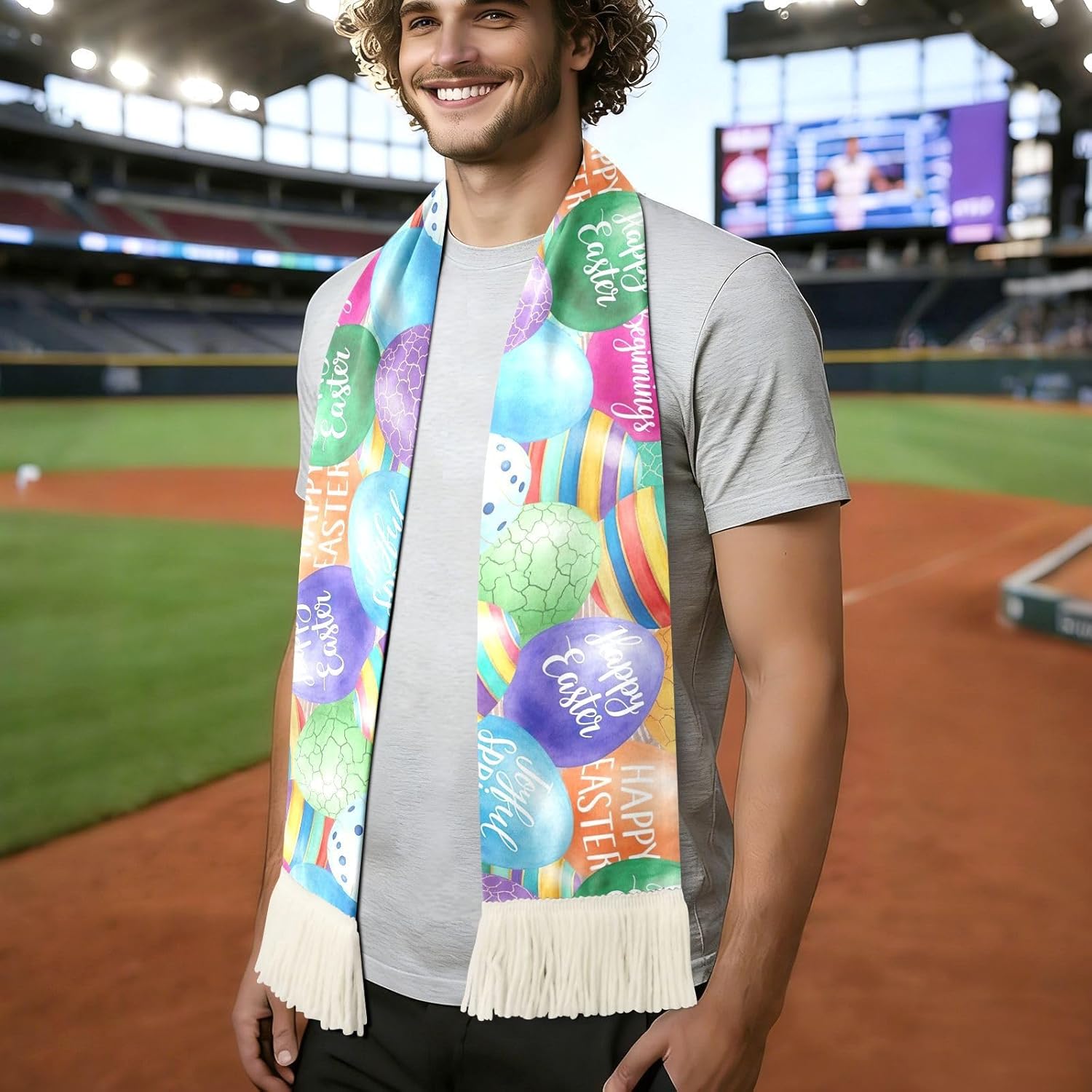 CHIFIGNO Colorful Easter Eggs Sports Fan Scarf Towel, Soft Polyester Sweat Wipe Cheering Scarf for Soccer Games, Quick Dry with Fringe Ends