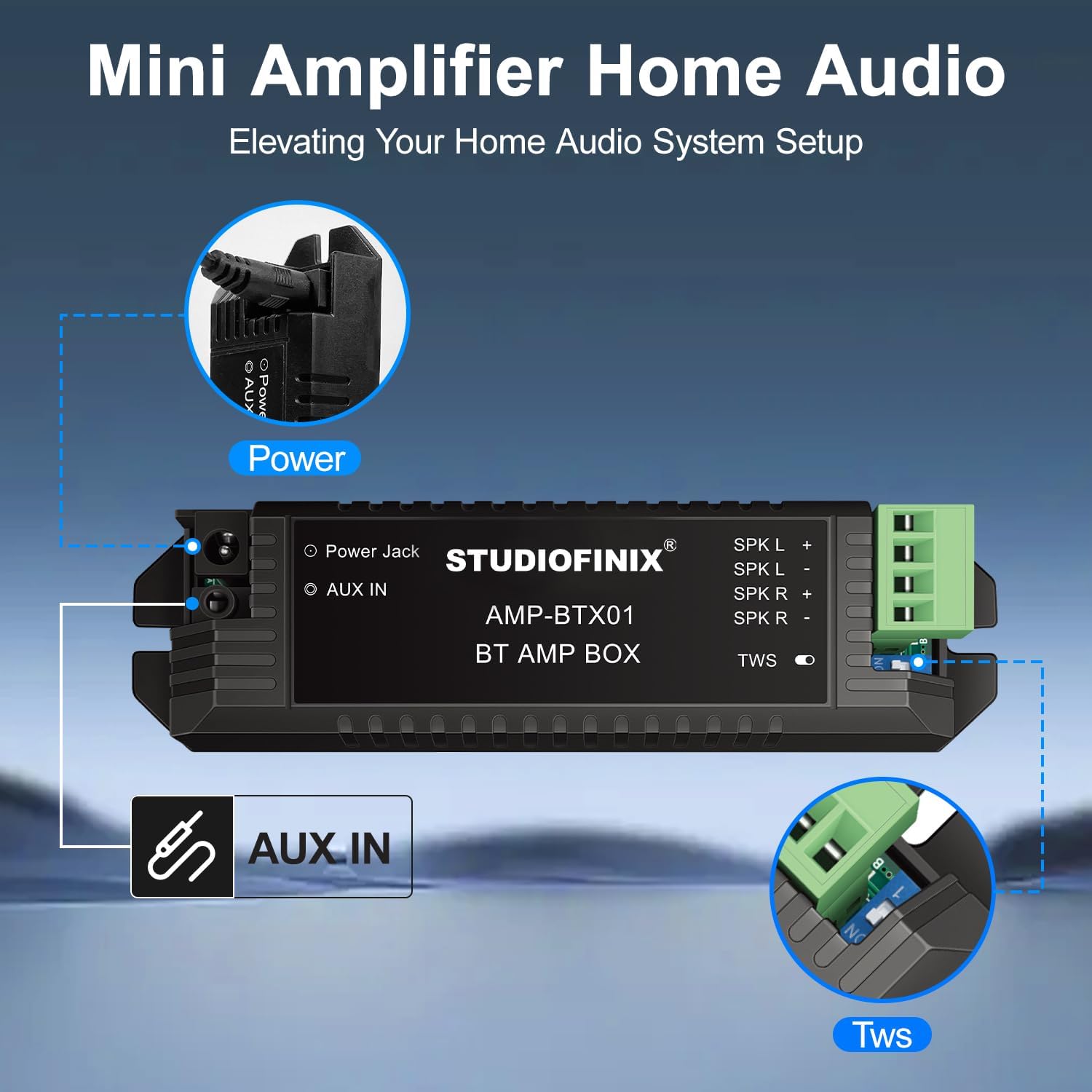 A person relaxing on a couch, using a smartphone to control music streaming to ceiling speakers via Bluetooth, with a Bluetooth icon visible.