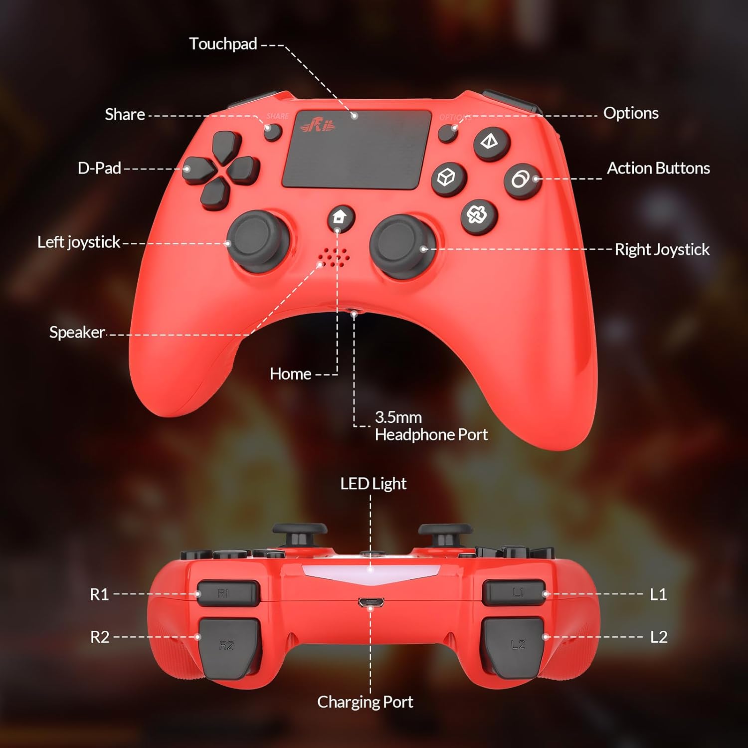 Rii GP700 Wireless Gaming Bluetooth Controller for PS4/Android/Windows, With 3.5mm Audio Jack，Speaker, Game Joystick Gamepad Wireless/Wired(Red)