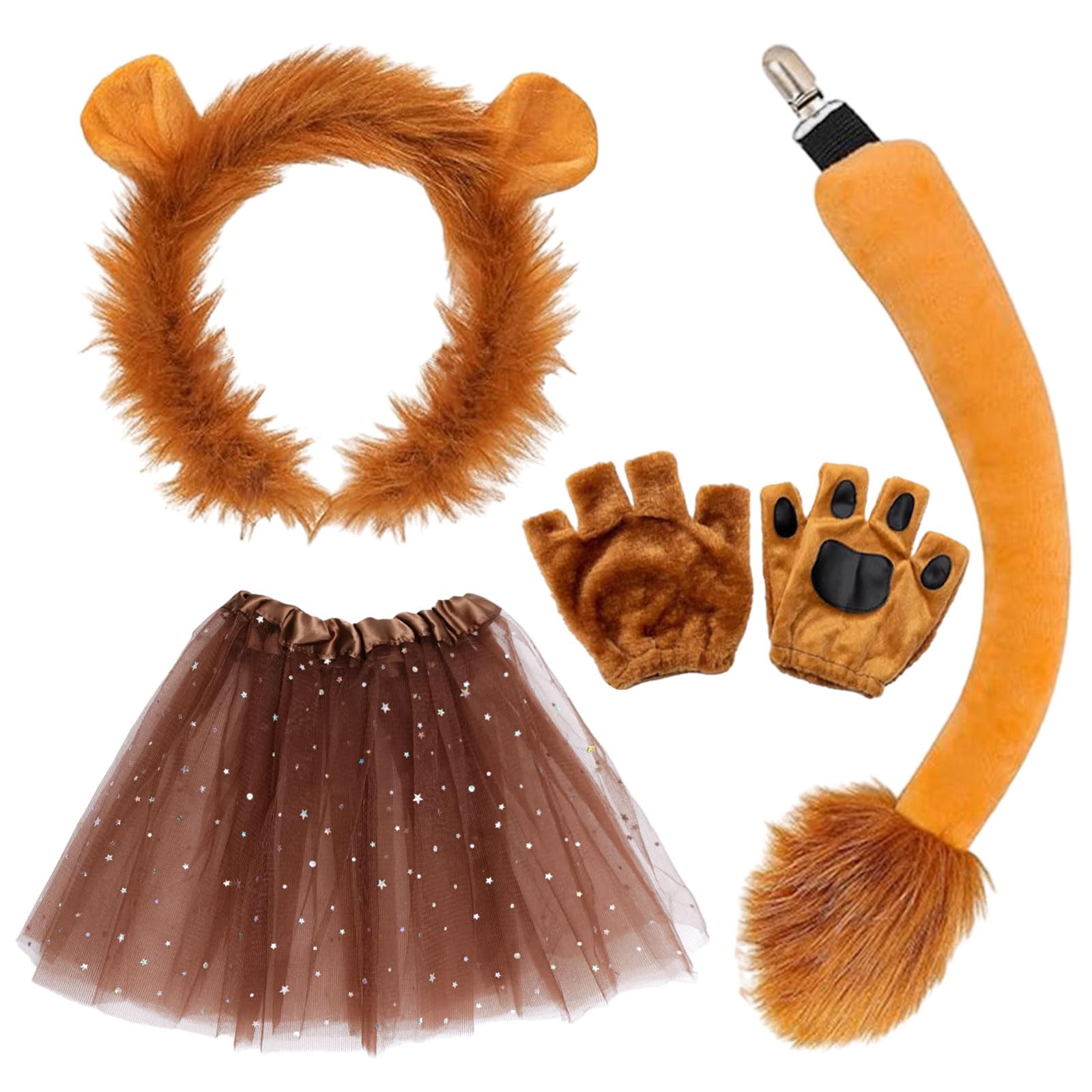 FUIPVGI 4 Piezas Juego de Disfraces de León,Orejas de León Diadema Guantes Cola Tutú León Kit,León Accesorios Fantasía para Niños Adultos Halloween Cumpleaños Carnaval Actuación Cosplay Animal