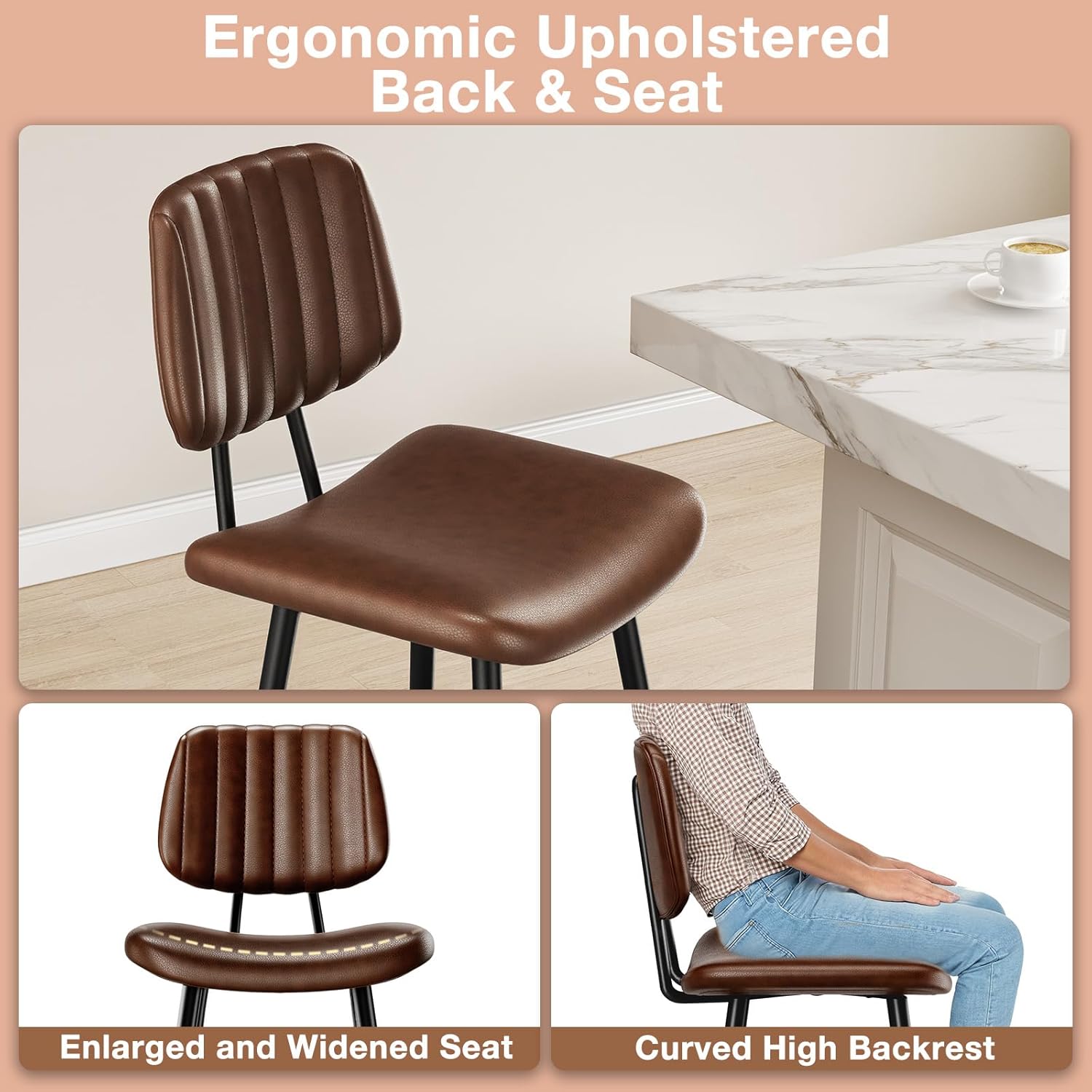 24-Inch Leather Bar Stools Set of 3, Counter Height Barstools with High Backrest，Bar Chairs for Kitchen Island with Heavy Duty Metal Legs, Dark Brown