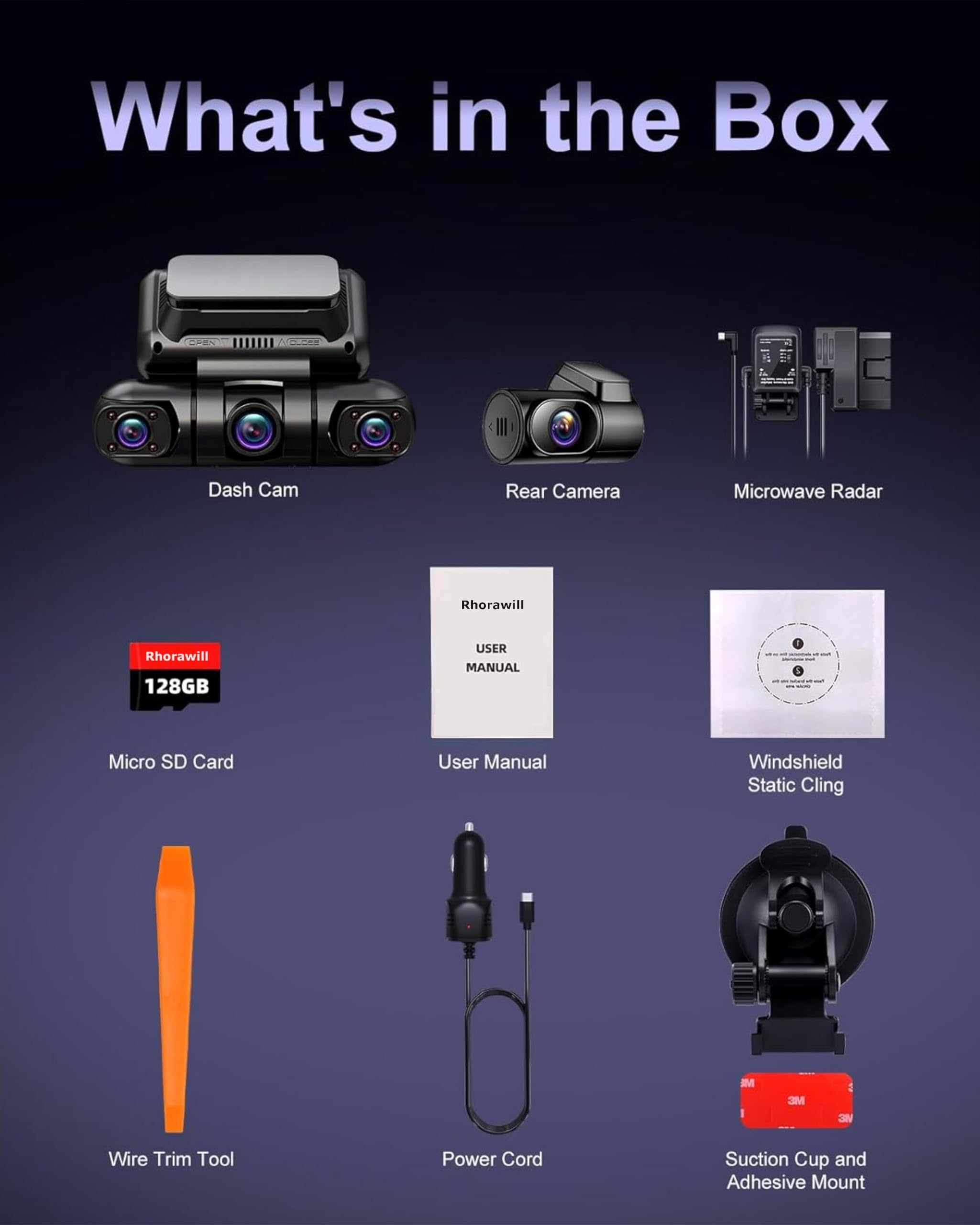 Rhorawill 4 Canali Dash Cam,Rotazione a 360° Anteriore Posteriore All'interno Sinistra Destra Dashcam Auto,Radar Rilevamento & Movimento Modalità Parcheggio,5G WiFi GPS,3" Libero 128GB,Hardwire Kit
