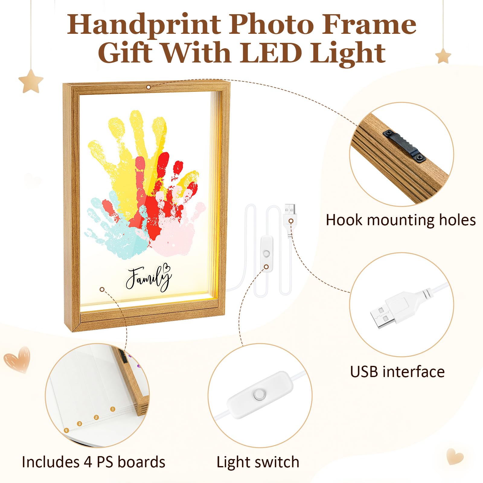 Cadre LED en Bois Kit Empreinte Famille Bébé Souvenir Personnalisé Décoration Murale Cadeau Naissance
