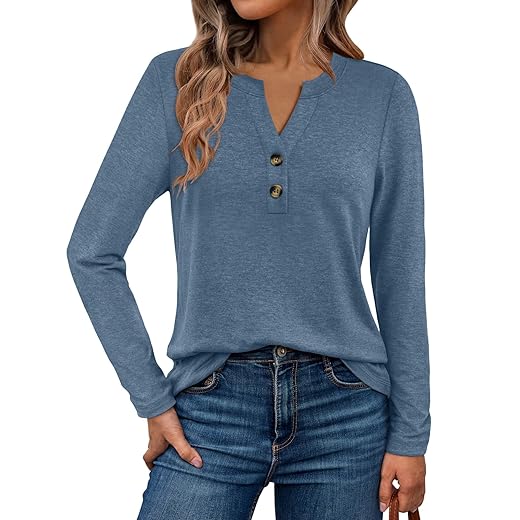 WYNNQUE Womens Long Sleeve Shirts Business Casual Outfits Dressy Tops Blouses Henley V Neck Fall Clothes